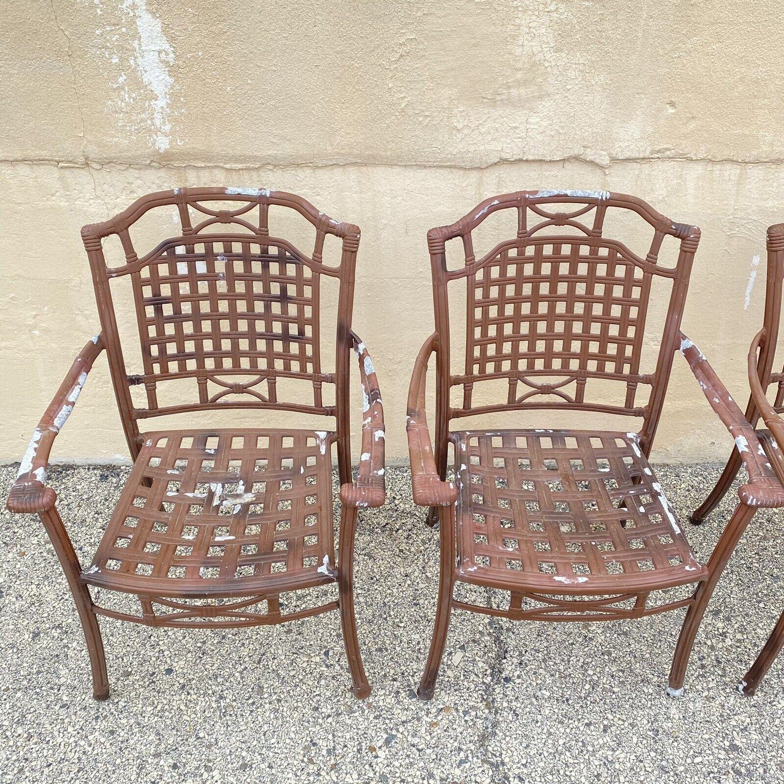 Cast Aluminum Basket Weave Lattice Rattan Patio Outdoor Arm Chairs - Set of 4 In Good Condition For Sale In Philadelphia, PA