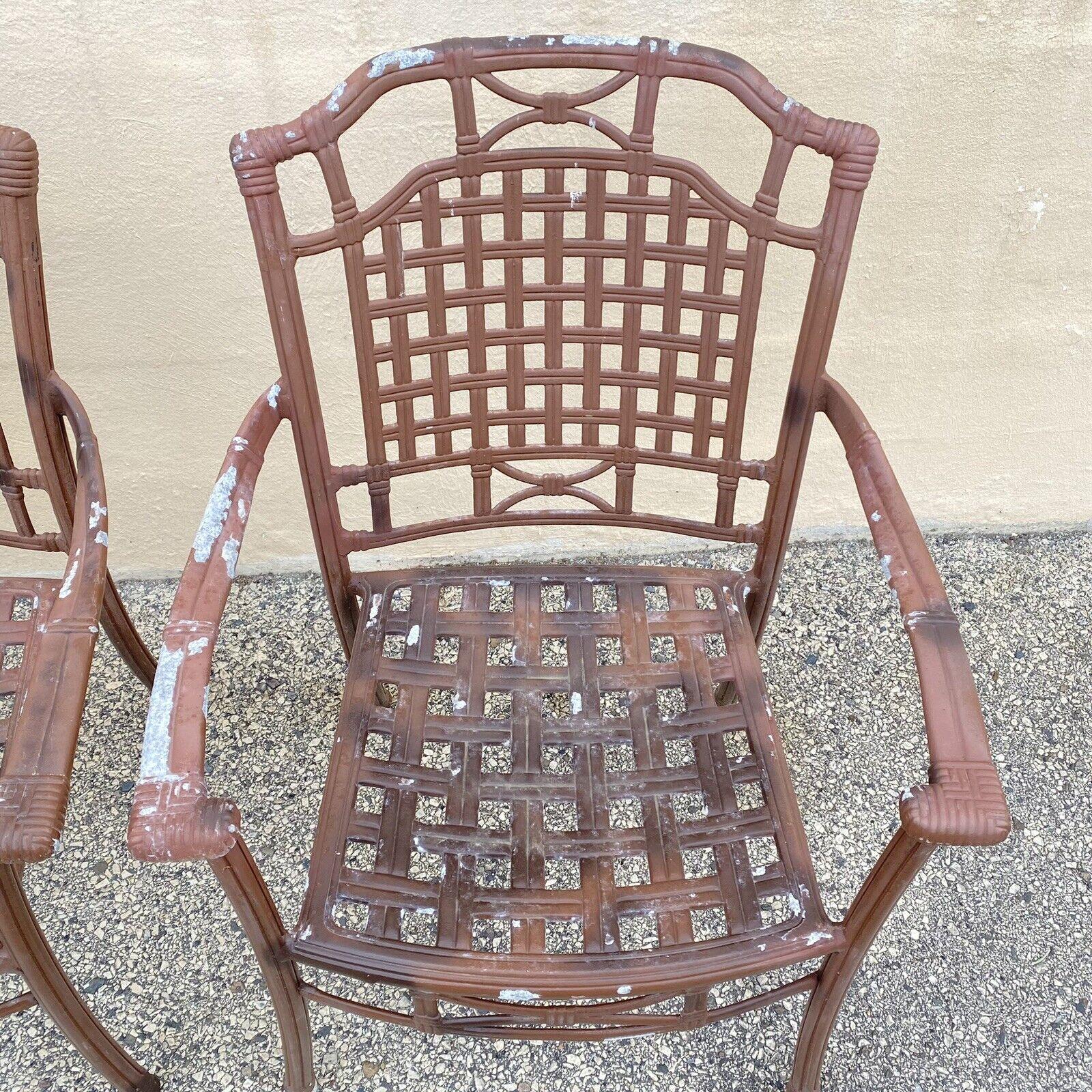 20th Century Cast Aluminum Basket Weave Lattice Rattan Patio Outdoor Arm Chairs - Set of 4 For Sale