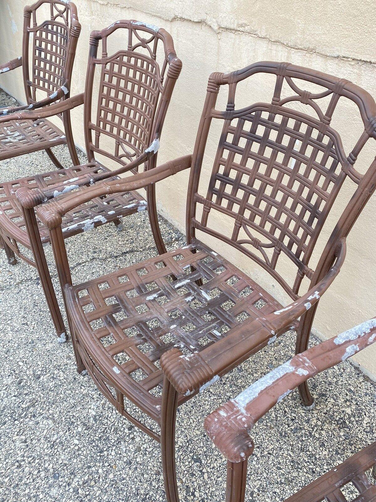 Cast Aluminum Basket Weave Lattice Rattan Patio Outdoor Arm Chairs - Set of 4 For Sale 1