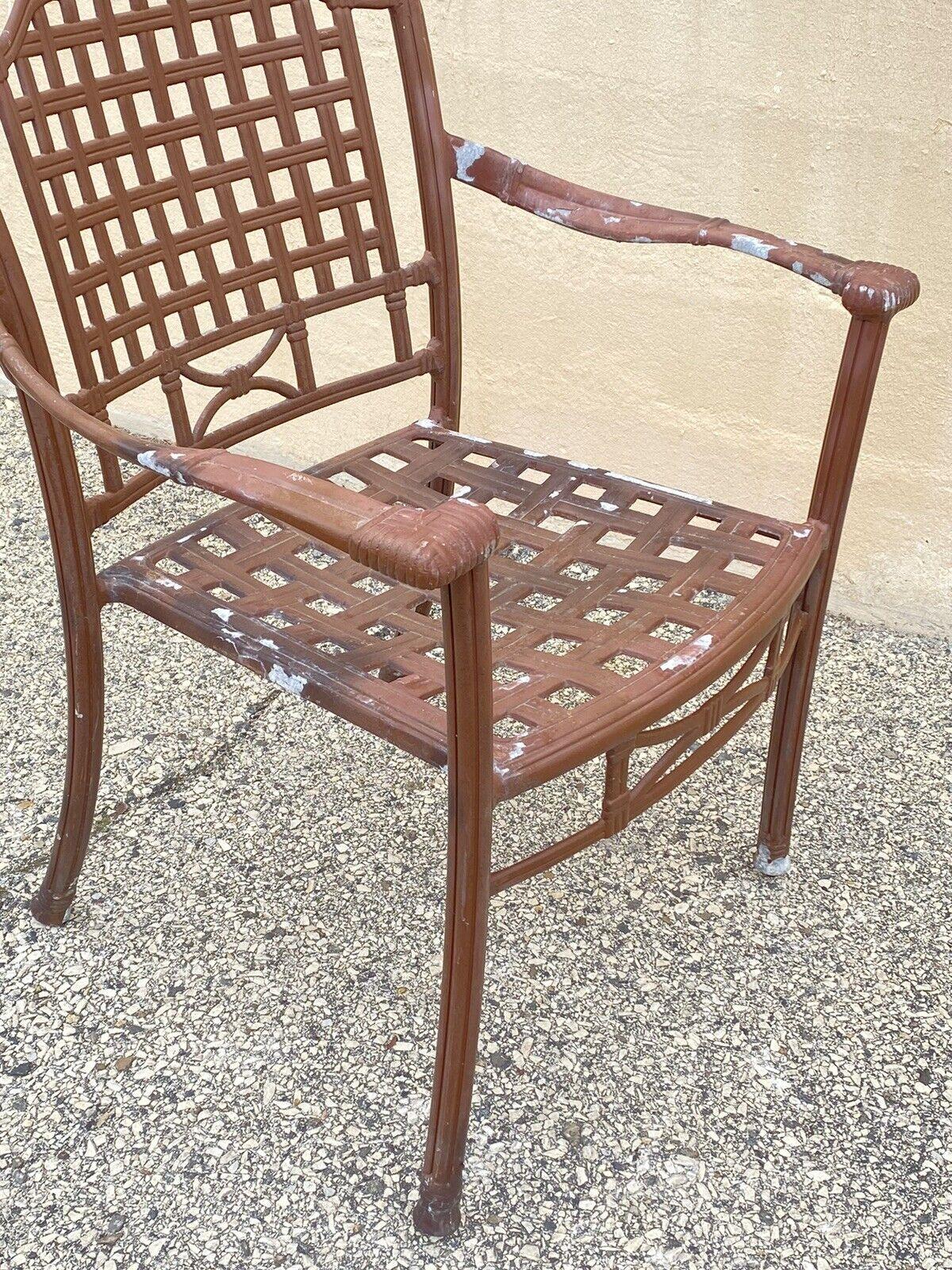 Cast Aluminum Basket Weave Lattice Rattan Patio Outdoor Arm Chairs - Set of 4 For Sale 2