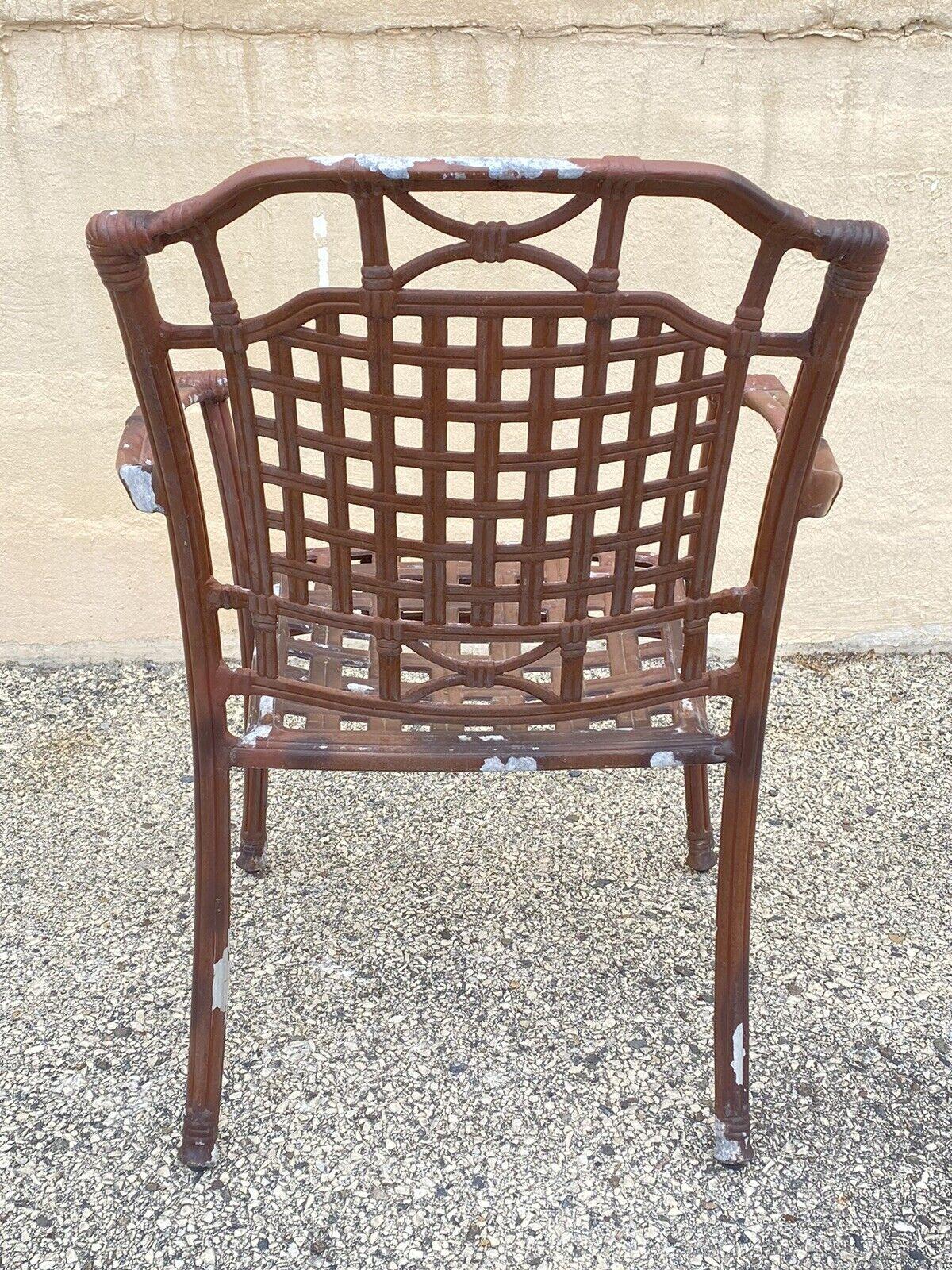 Cast Aluminum Basket Weave Lattice Rattan Patio Outdoor Arm Chairs - Set of 4 For Sale 3