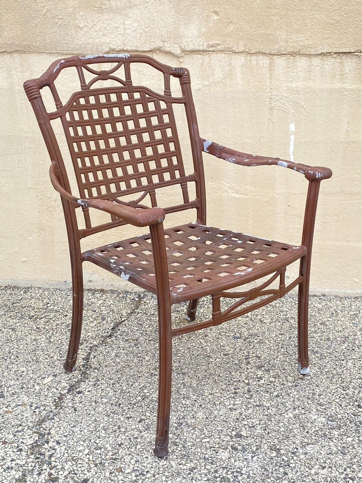 Cast Aluminum Basket Weave Lattice Rattan Patio Outdoor Chairs (B) - Set of 4 In Good Condition For Sale In Philadelphia, PA