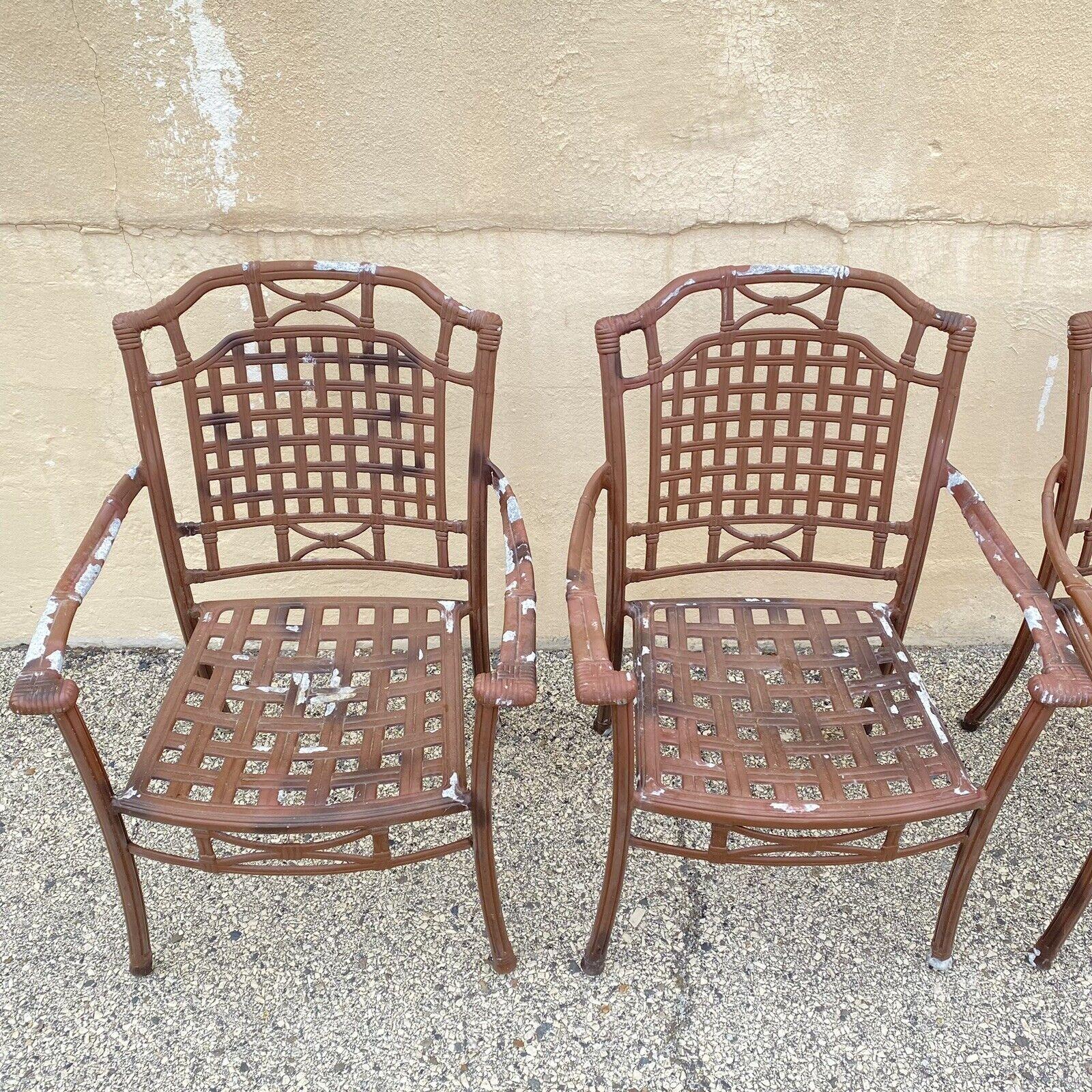 20th Century Cast Aluminum Basket Weave Lattice Rattan Patio Outdoor Chairs (B) - Set of 4 For Sale