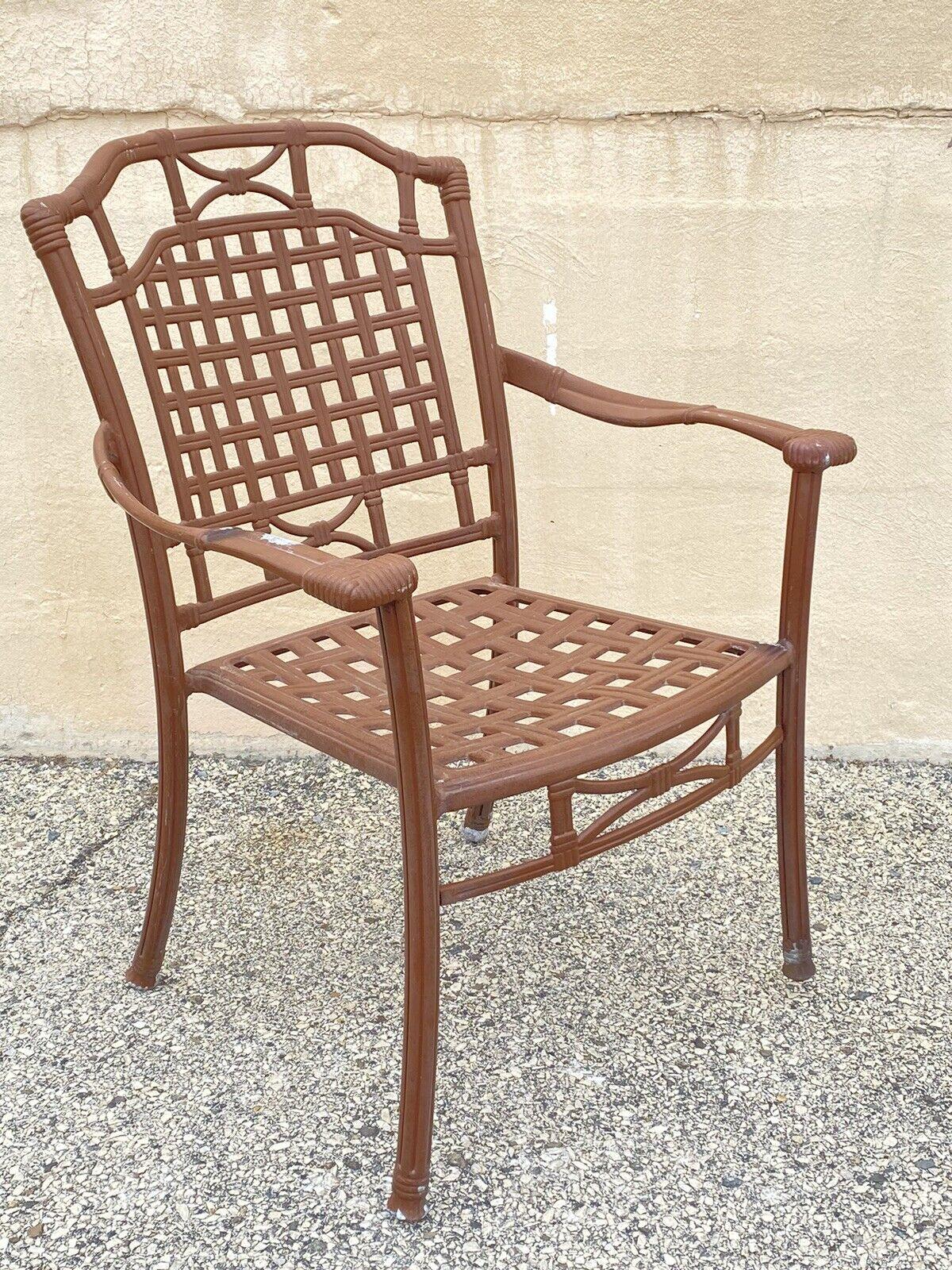 Cast Aluminum Basket Weave Lattice Rattan Patio Outdoor Pool Arm Chair. Circa Late 20th - 21st Century. Measurements: 
36.5