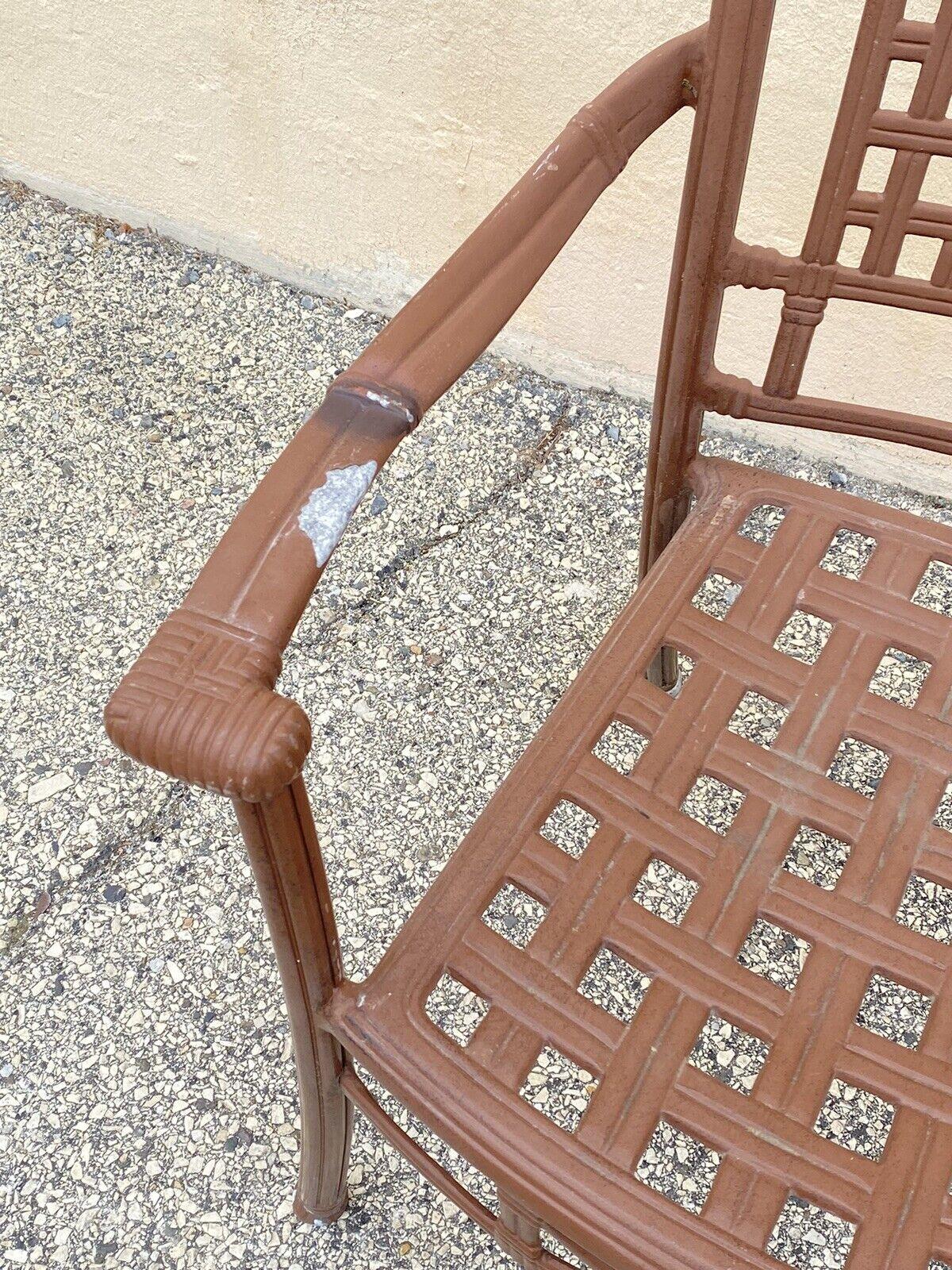 Hollywood Regency Cast Aluminum Basket Weave Lattice Rattan Patio Outdoor Pool Arm Chair For Sale