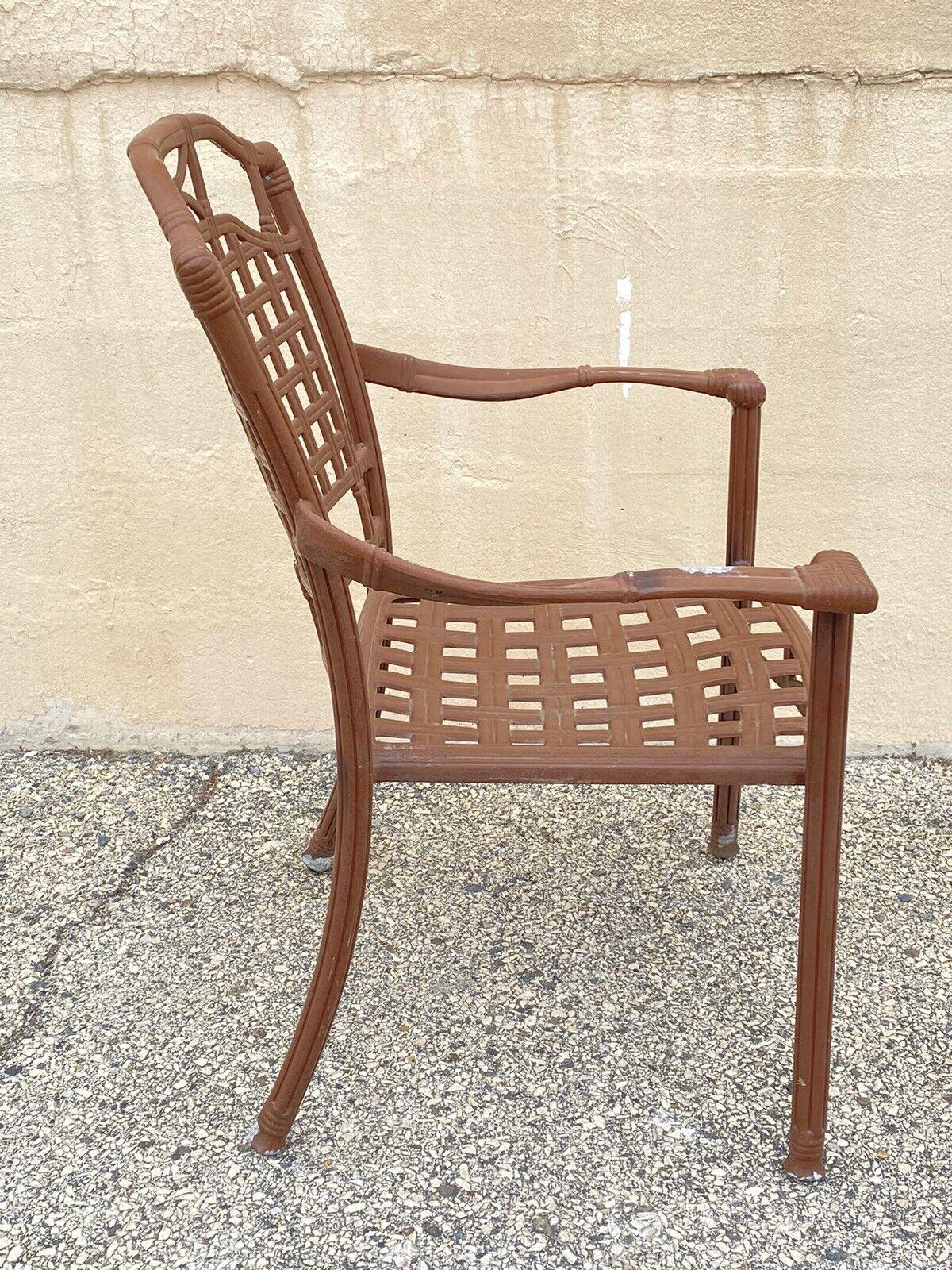 Cast Aluminum Basket Weave Lattice Rattan Patio Outdoor Pool Arm Chair In Good Condition For Sale In Philadelphia, PA