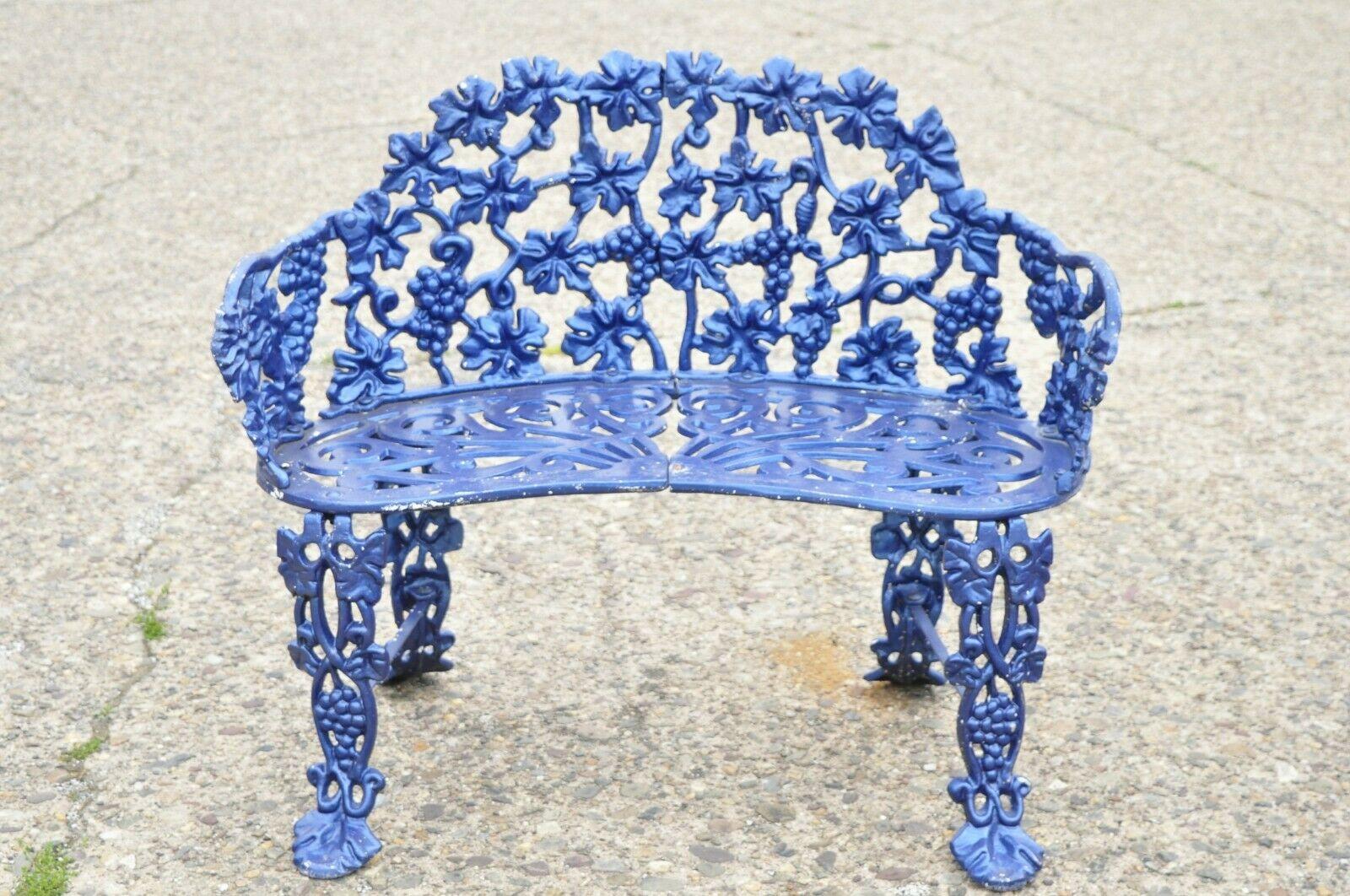 Cast aluminum blue grapevine garden set loveseat chairs table - 3 Pc set. Item features (1) small loveseat, (1) small armchair, (1) side table, blue painted finish, fancy grapevine and scrollwork pattern cast aluminum construction, very nice vintage
