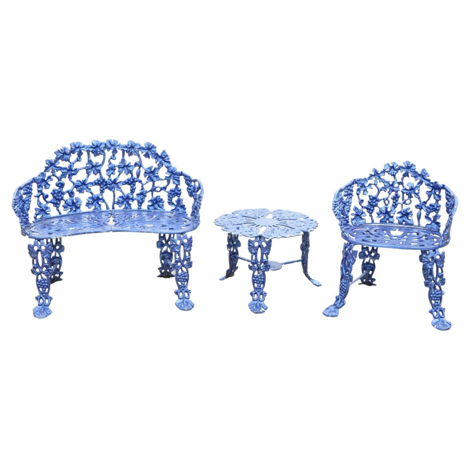 Cast Aluminum Blue Grapevine Garden Set Loveseat Chairs Table, 3 Pc Set