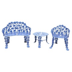 Vintage Cast Aluminum Blue Grapevine Garden Set Loveseat Chairs Table, 3 Pc Set