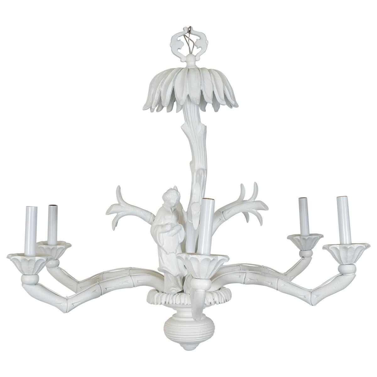 White cast aluminum chandelier with chinoiserie motif.