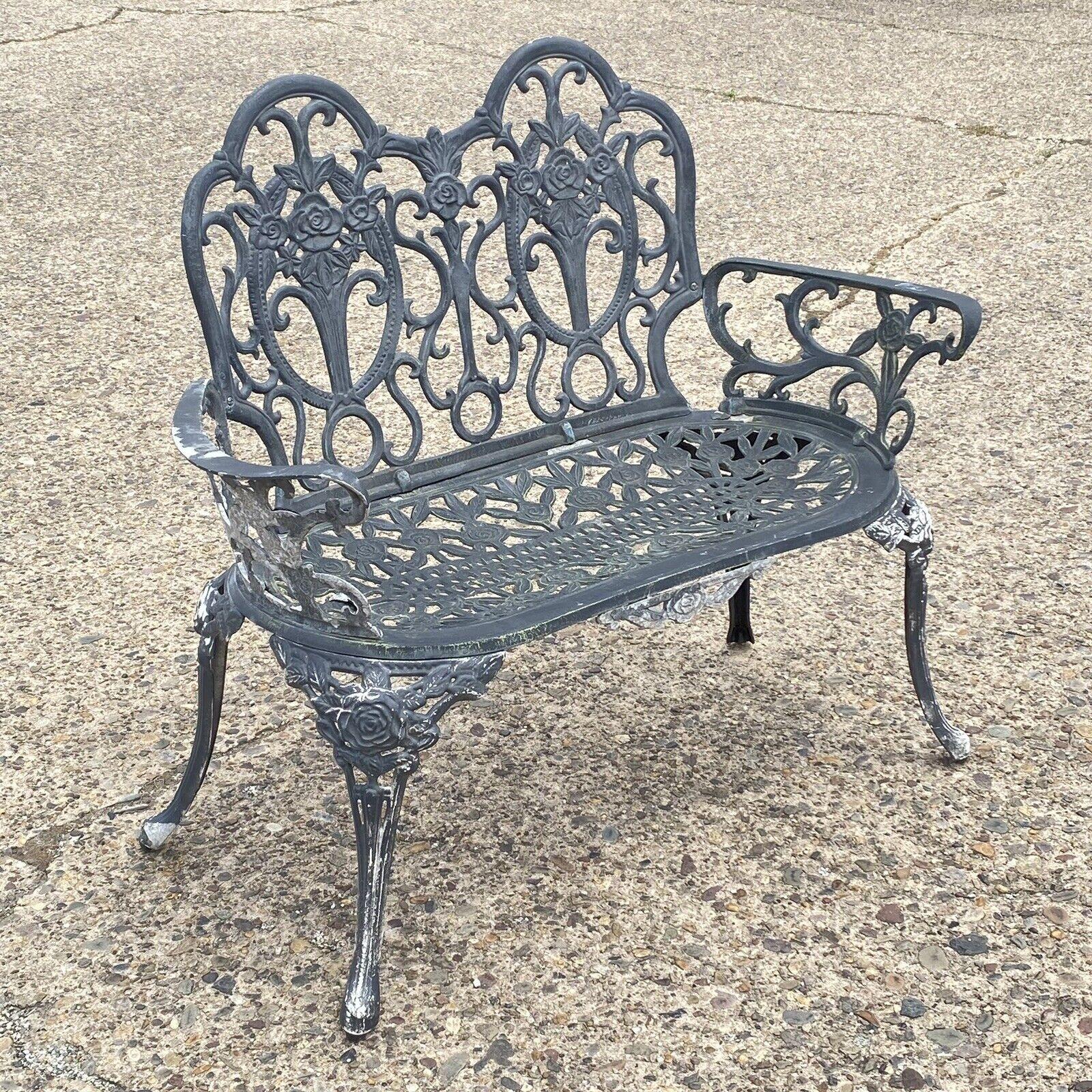 Cast Aluminum Floral French Style Flower Garden Patio Outdoor Bench Loveseat. Circa 21st Century, Pre-owned. Measurements: 34.5