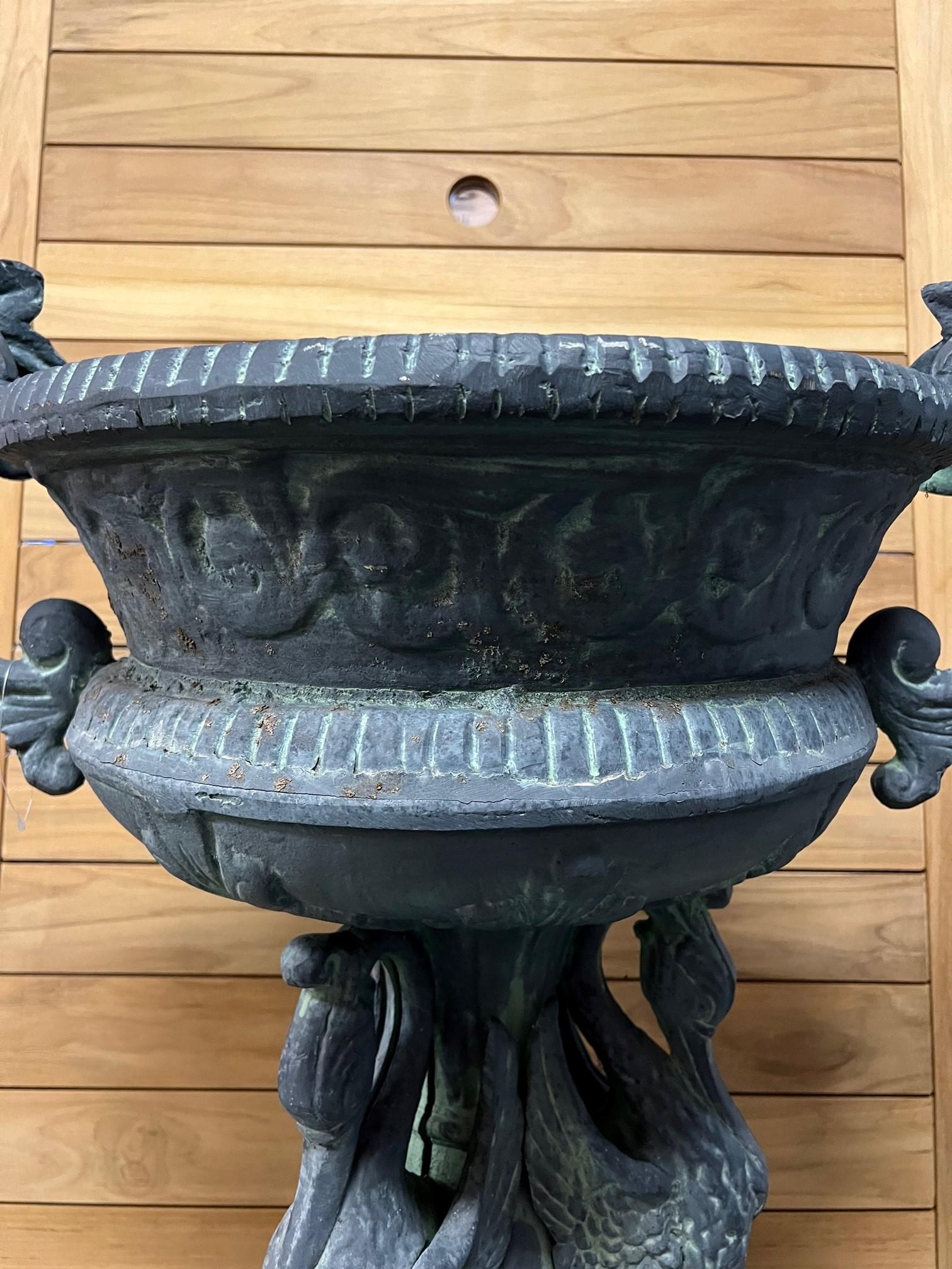 Mexican Cast Aluminum Handle Urn, Planter with Swan Base  