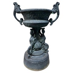 Antique Cast Aluminum Handle Urn, Planter with Swan Base  