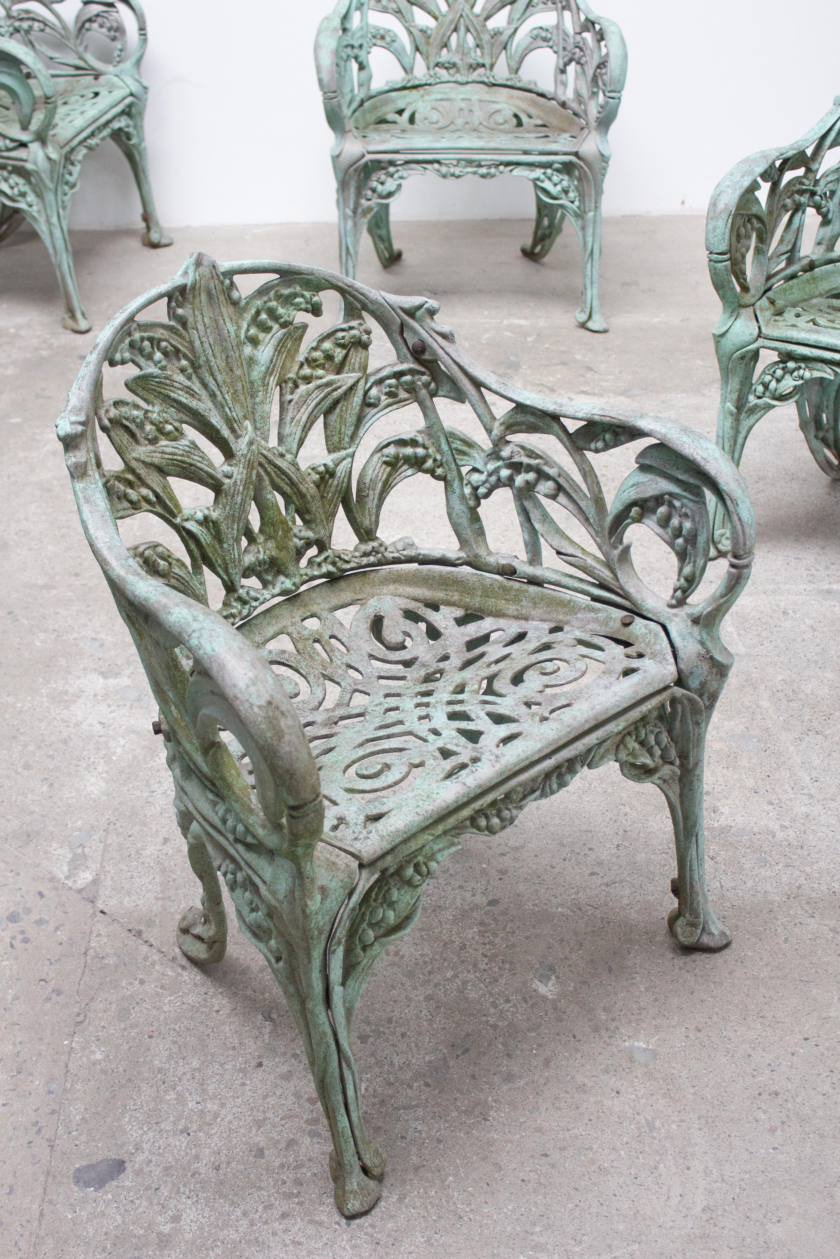 Victorian Cast Aluminum ‘Lily of the Valley’ Garden Chairs, a Set of 4 For Sale