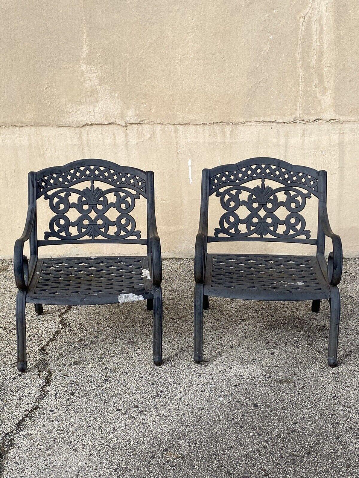 Cast Aluminum Mediterranean Tuscan Style Scrolling Garden Patio Club Lounge Chairs - a Pair. Item features 21st Century, Pre-owned
Measurements: 34