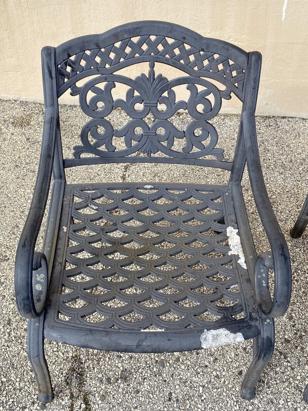 Cast Aluminum Mediterranean Tuscan Scrolling Garden Patio Club Chairs - a Pair In Good Condition For Sale In Philadelphia, PA