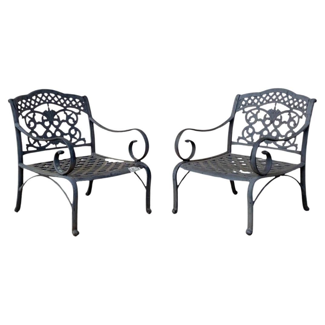 Cast Aluminum Mediterranean Tuscan Scrolling Garden Patio Club Chairs - a Pair