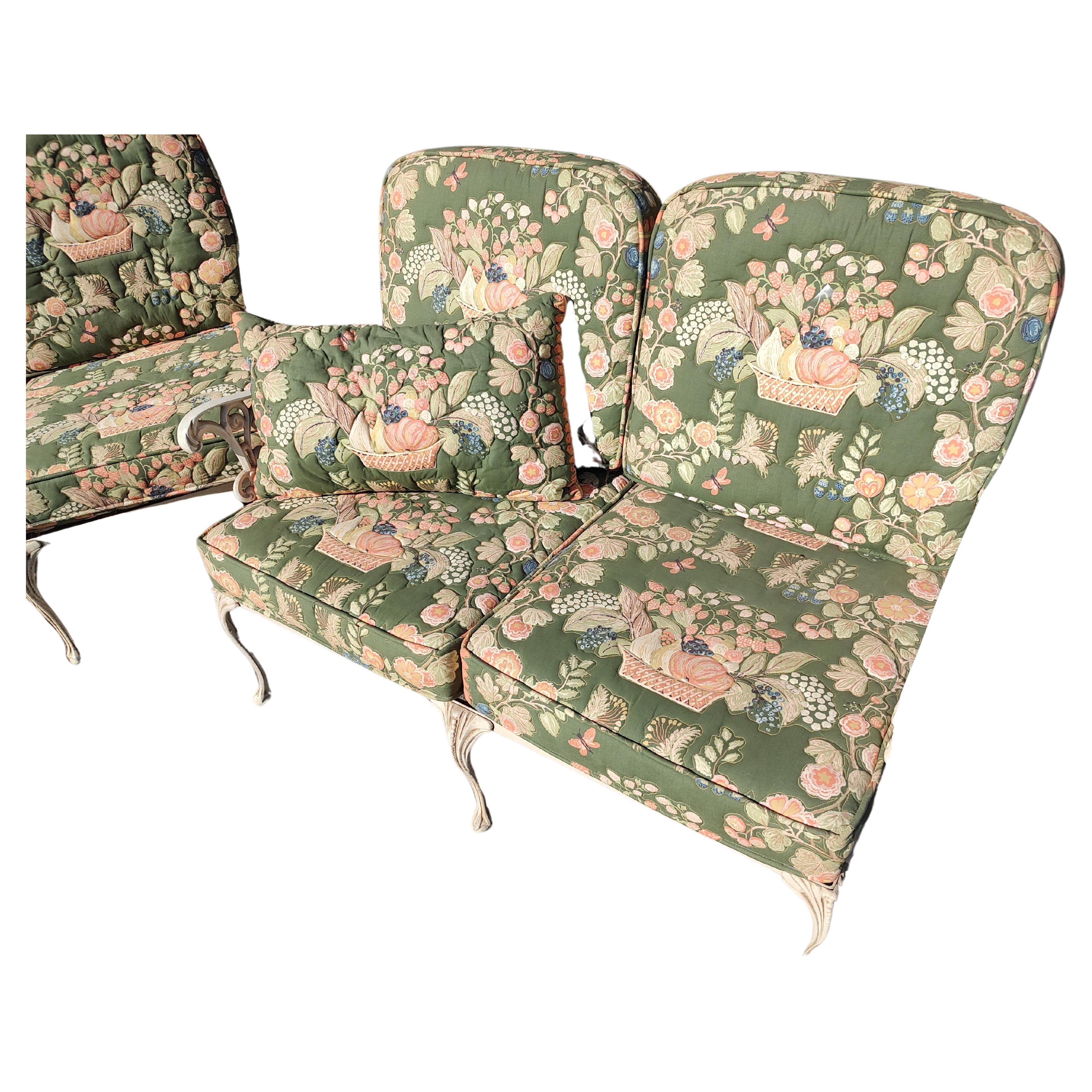 Fabulous pair ( priced and sold separately) of indoor outdoor patio settees by Molla. Cast Aluminum frames with embossed pattern cushions. Ball and claw feet and exquisite castings. These have lived their entirety inside. Foam for cushions is