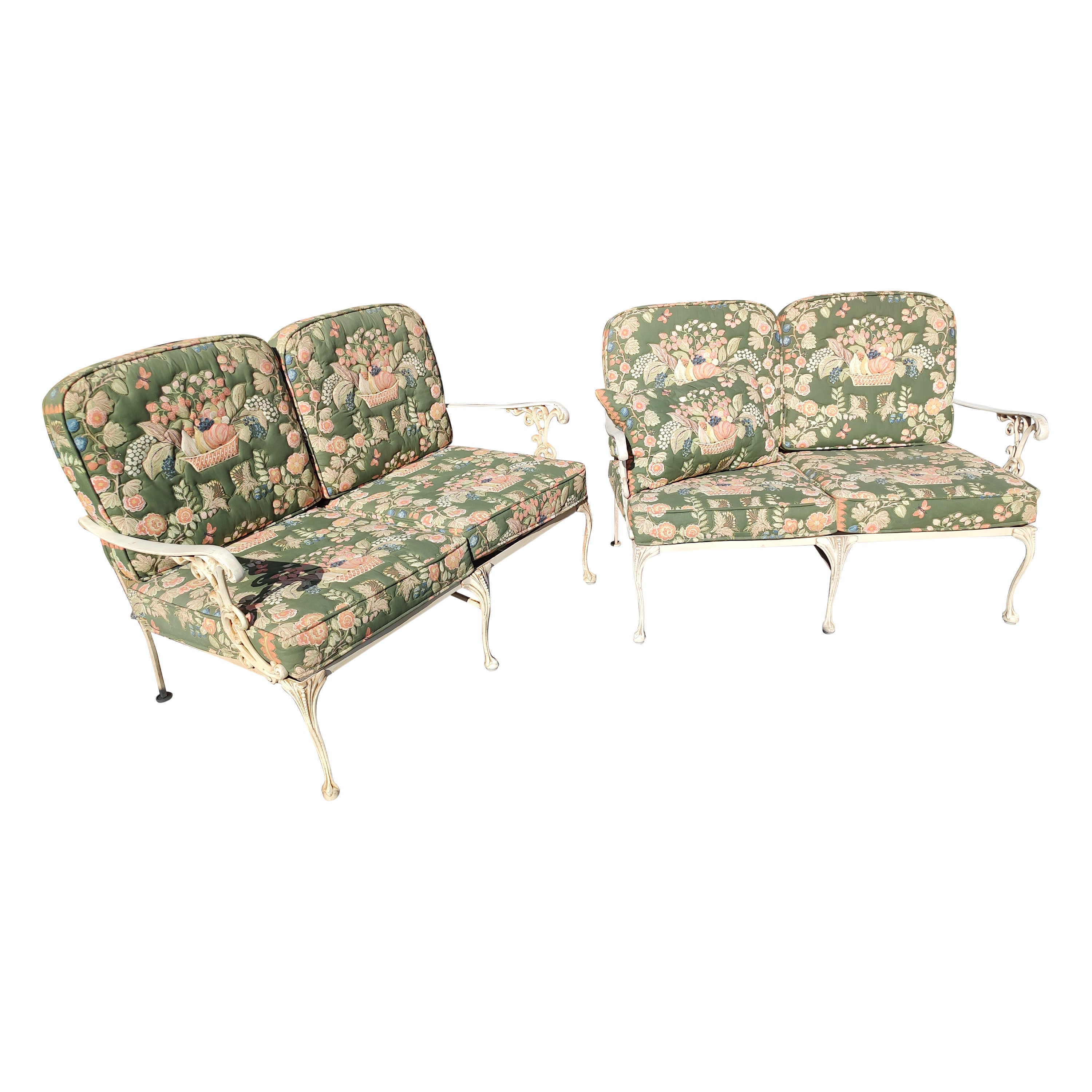 Baroque Revival Cast Aluminum Settees by Molla & Full Embossed Pattern Cushions Pair Available For Sale