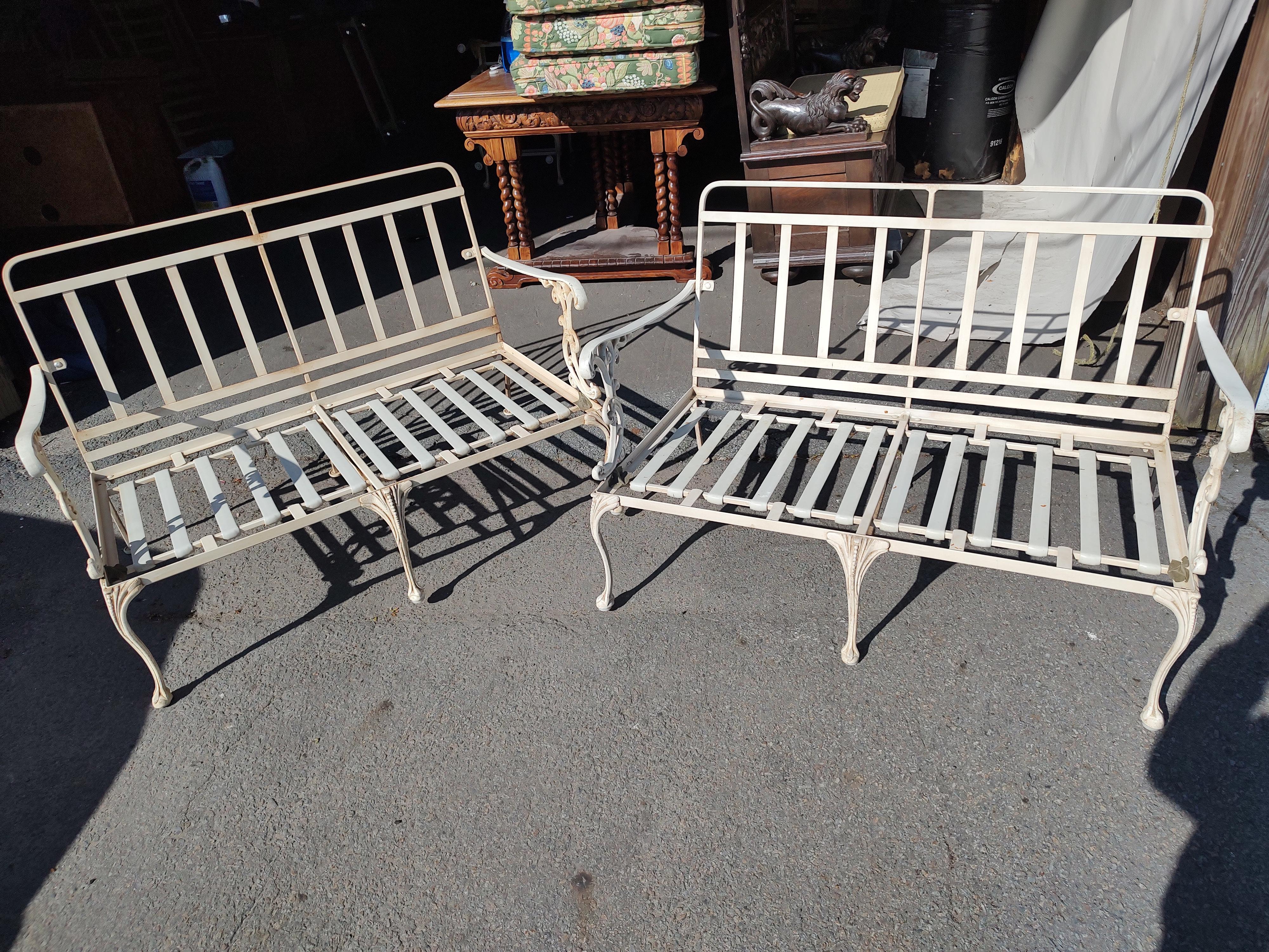 Cast Aluminum Settees by Molla & Full Embossed Pattern Cushions Pair Available In Good Condition For Sale In Port Jervis, NY