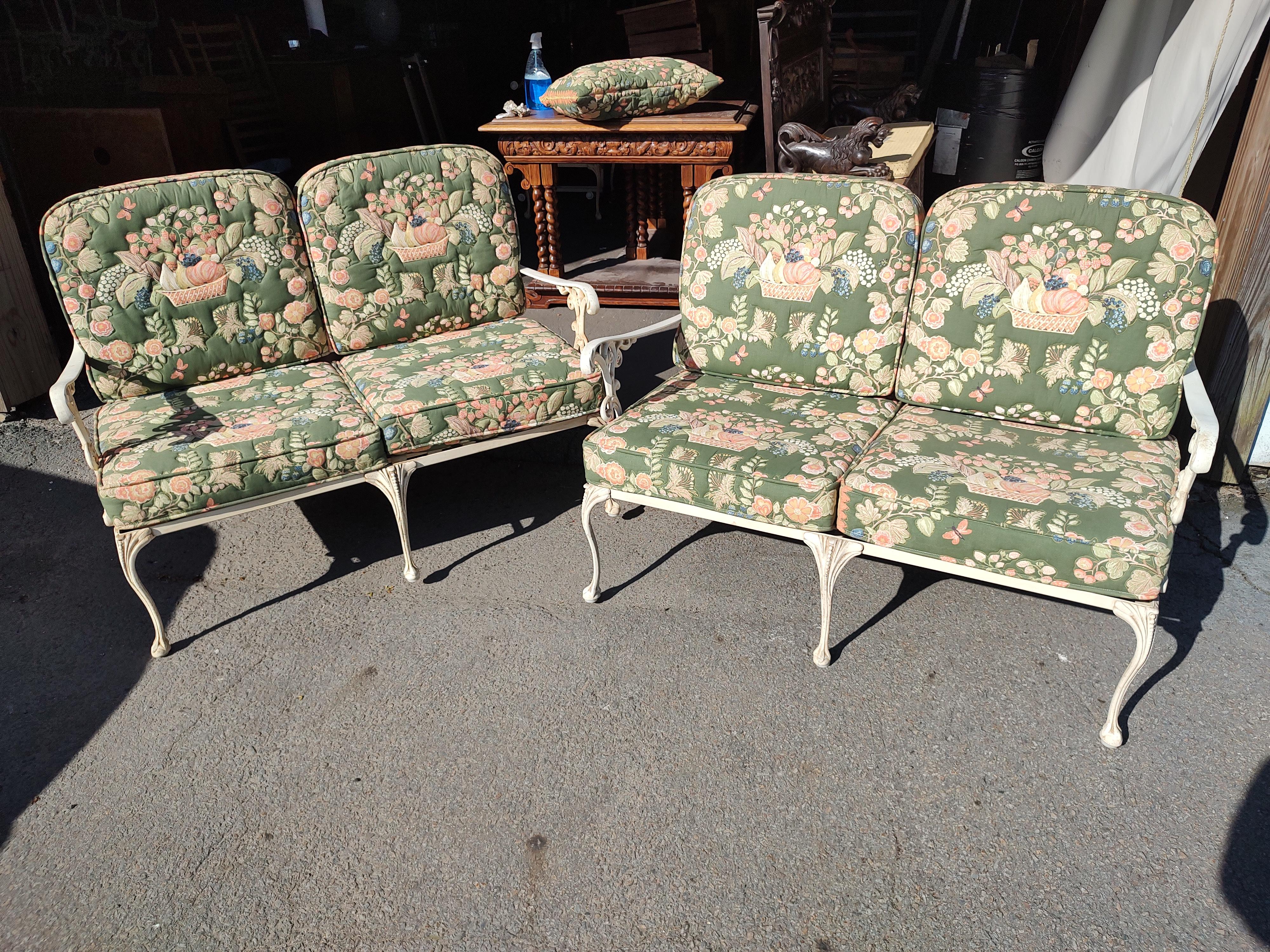 Cast Aluminum Settees by Molla & Full Embossed Pattern Cushions Pair Available For Sale 1
