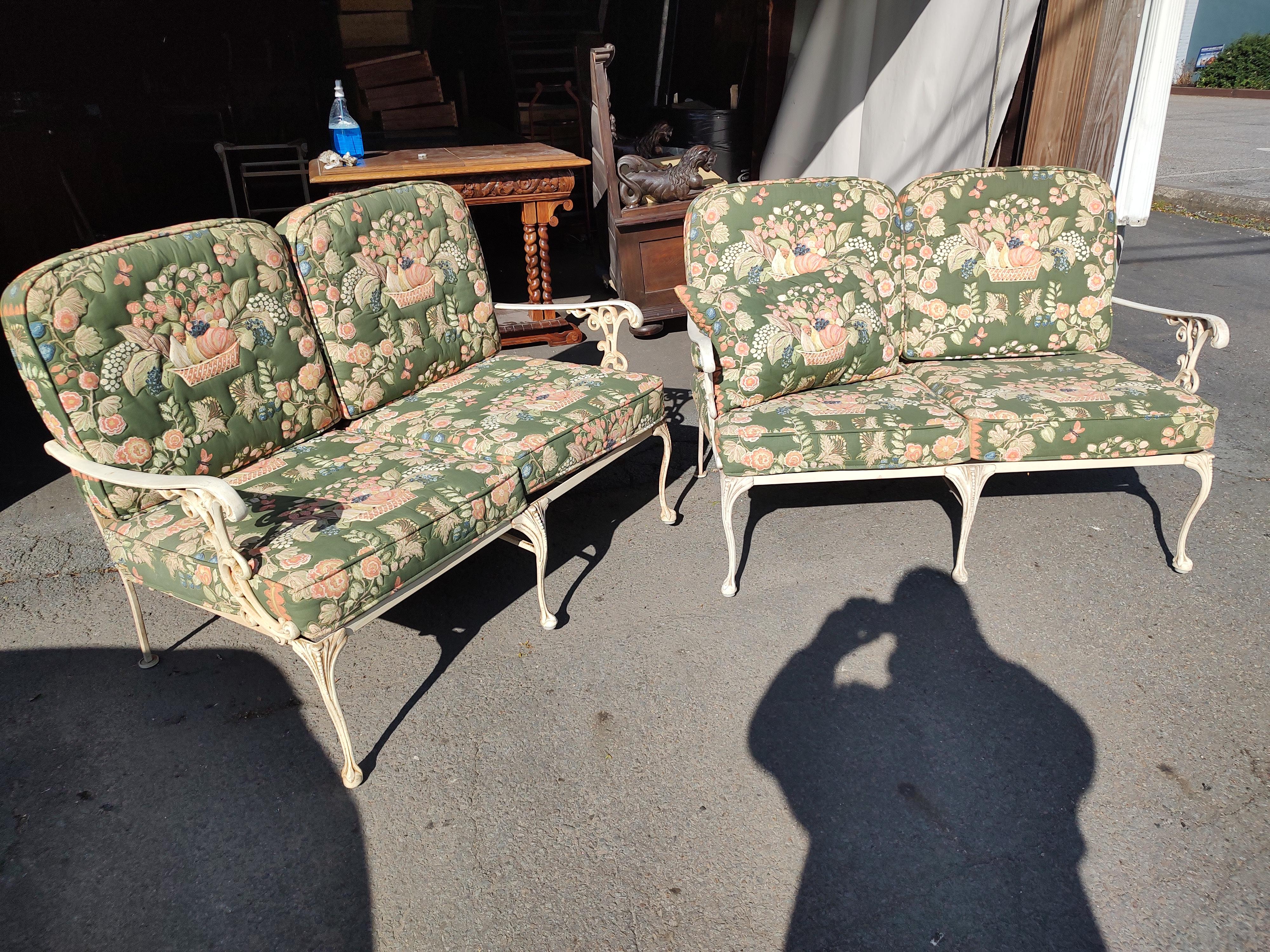Cast Aluminum Settees by Molla & Full Embossed Pattern Cushions Pair Available For Sale 3