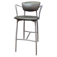 Cast Aluminum Stool with Arms and Fresh Leather Upholstery