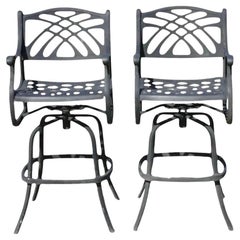 Cast Aluminum Swivel Art Nouveau Style Pool Patio Barstools Chairs - a Pair