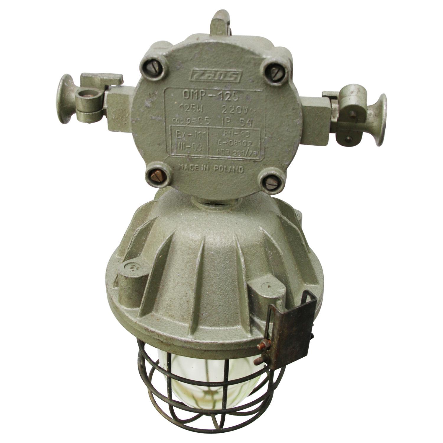 industrial hanging lamp
silver grey green cast aluminum
clear glass

Weight: 10.50 kg / 23.1 lb

Priced per individual item. All lamps have been made suitable by international standards for incandescent light bulbs, energy-efficient and LED bulbs.