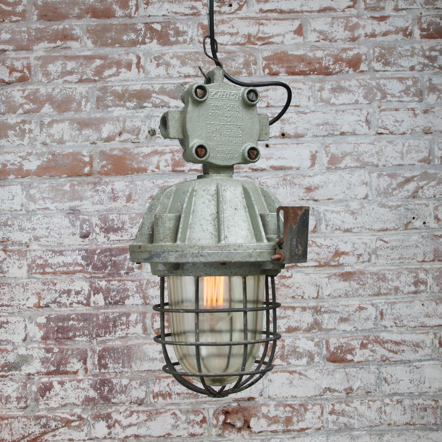 Polish Cast Aluminum Vintage Industrial Clear Glass Cage Hanging Lamps