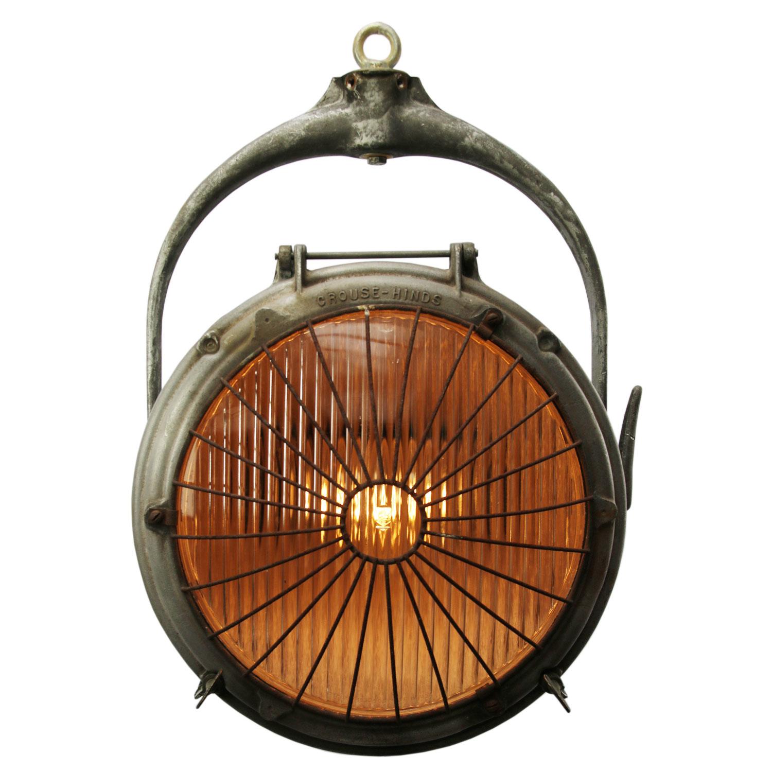 Industrial hanging Light Crouse Hinds Spot USA.
Cast aluminium with striped frosted glass. Measures: Diameter 33.5 cm

Weight 12.5 kg / 27.6 lb

Priced per individual item. All lamps have been made suitable by international standards for