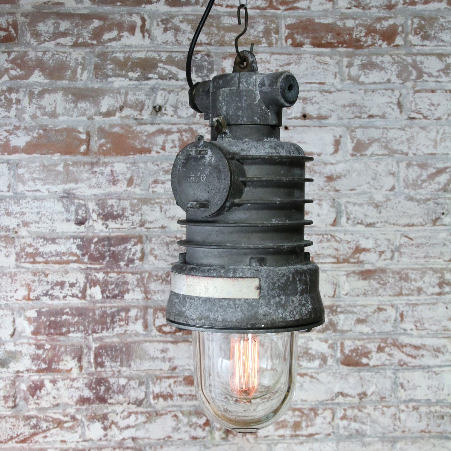 Cast Aluminum Vintage Italian Industrial Clear Glass Pendant Lamps 1