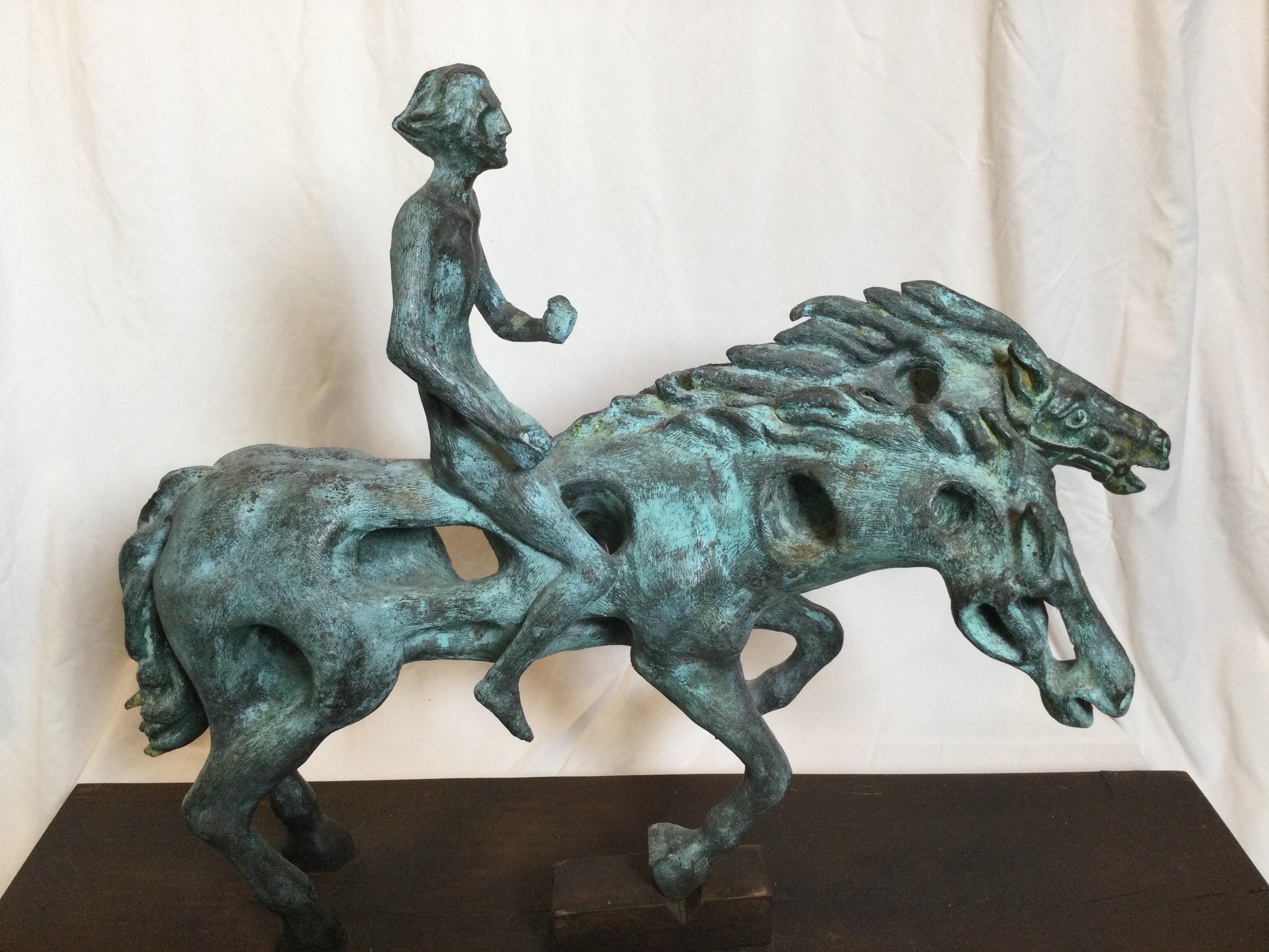 Cast and Aged Bronze Surrealist Horse Sculpture, Signed Gogy In Excellent Condition In Lambertville, NJ