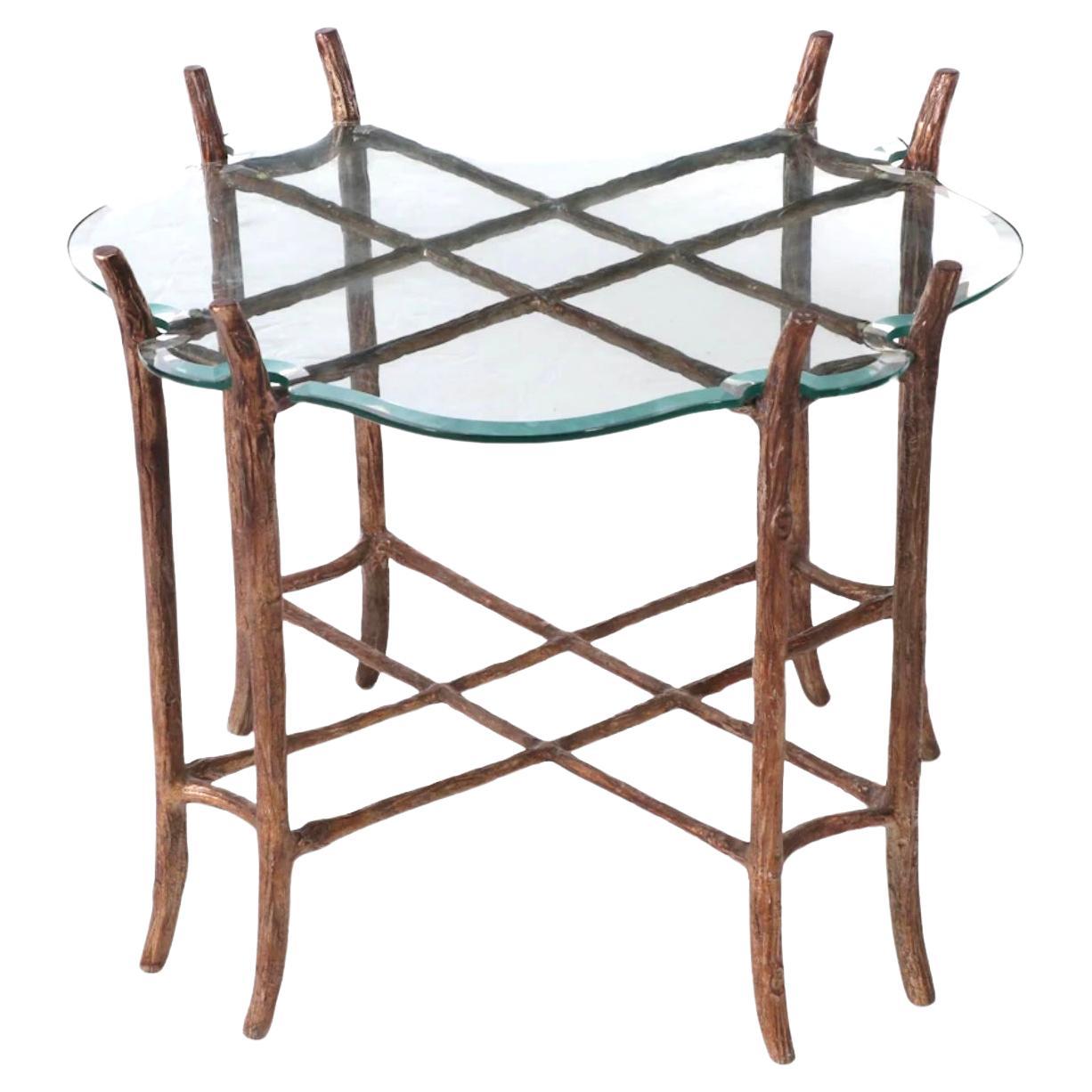 Cast and Hand Painted Aluminum Faux Bois Side Table For Sale