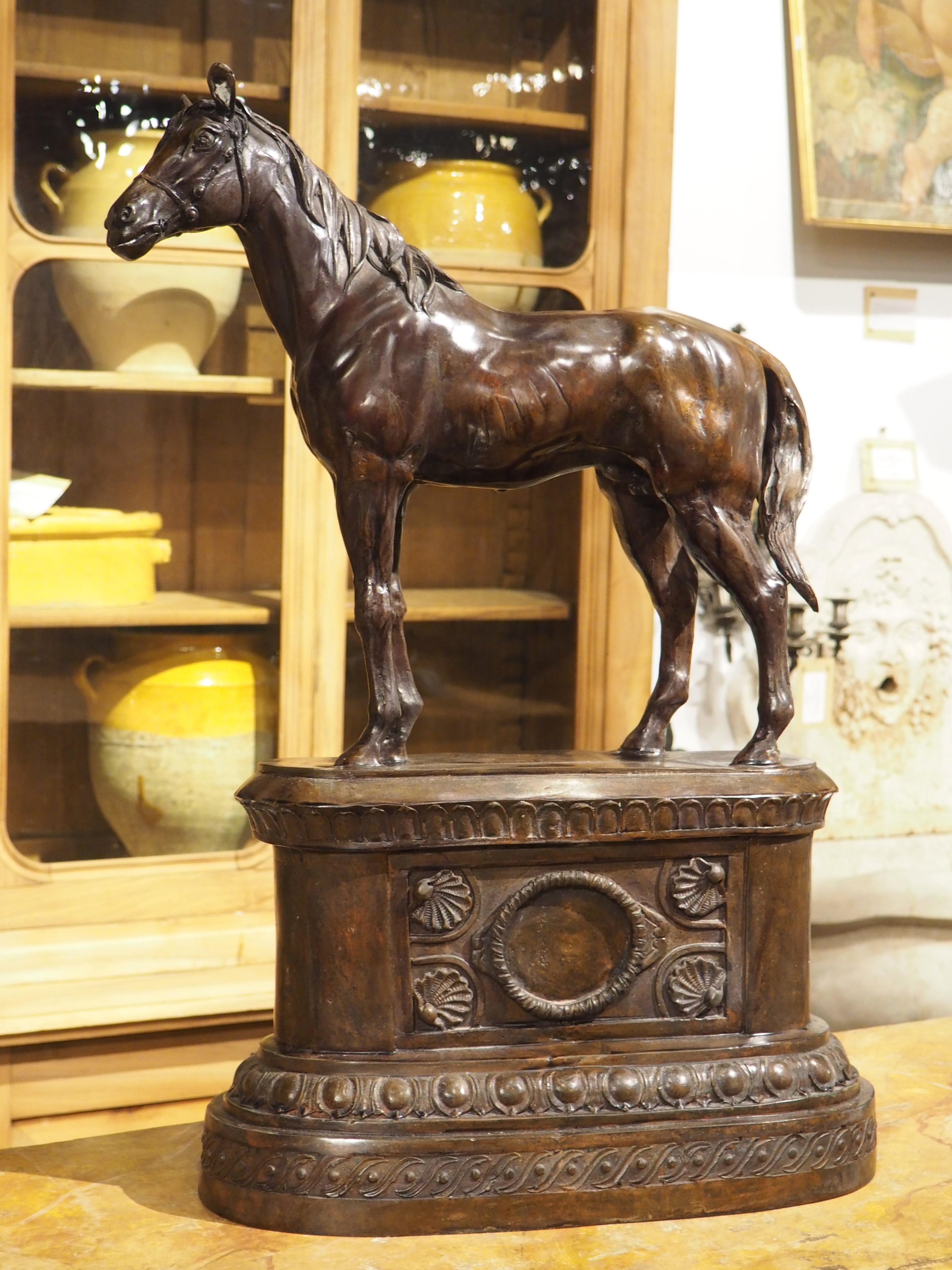 European Cast and Patinated Bronze Sculpture of a Horse on Pedestal, H-29 1/4, 20th C. For Sale