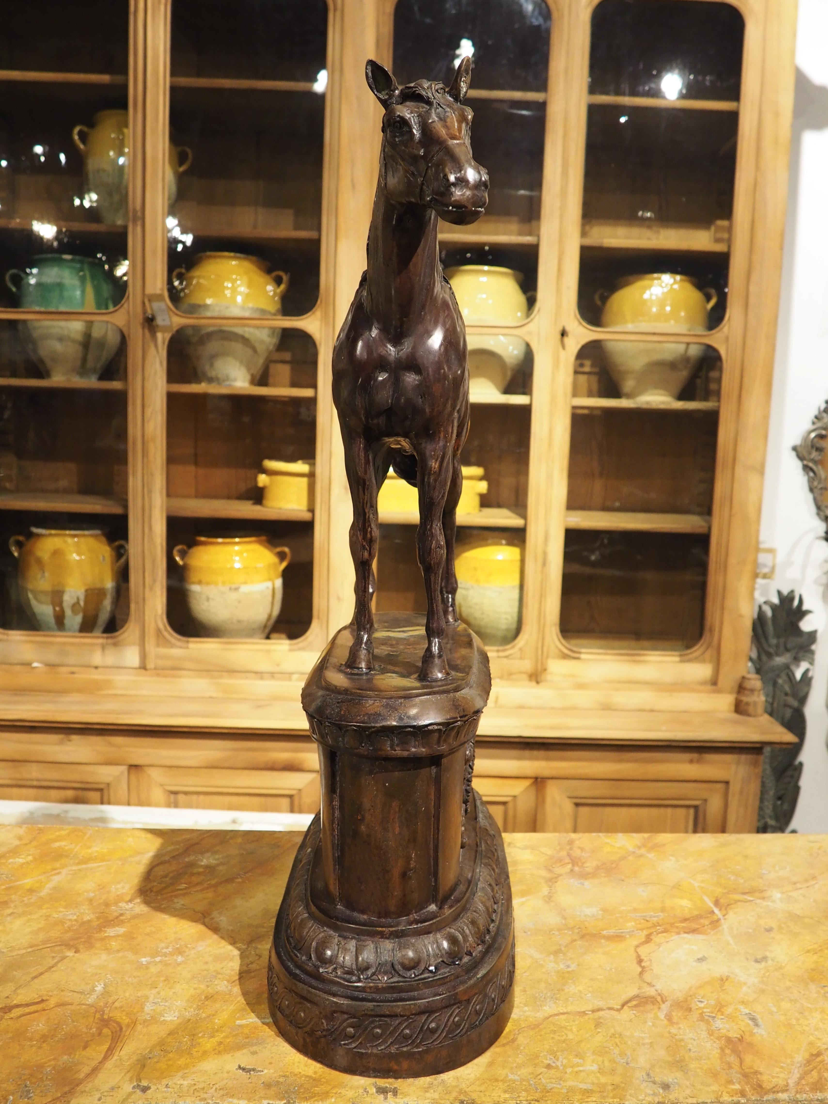 Cast and Patinated Bronze Sculpture of a Horse on Pedestal, H-29 1/4, 20th C. For Sale 2