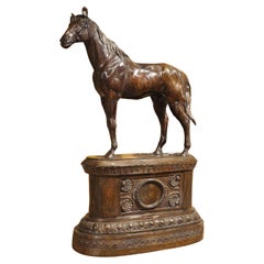Vintage Cast and Patinated Bronze Sculpture of a Horse on Pedestal, H-29 1/4, 20th C.