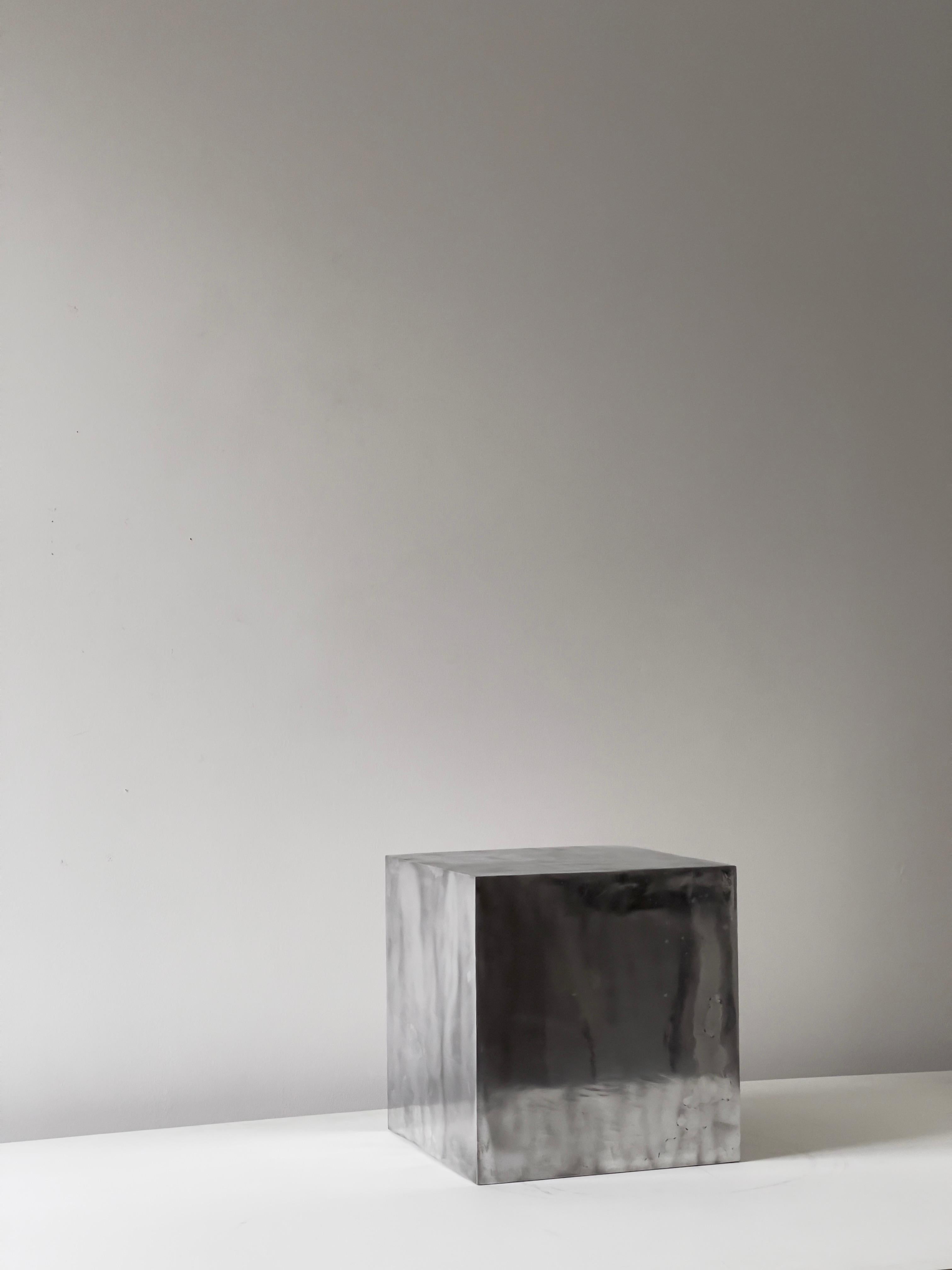 Contemporary sculpture. Cube in hand polished cast aluminium 2011. Edition of 6. For Sale 2