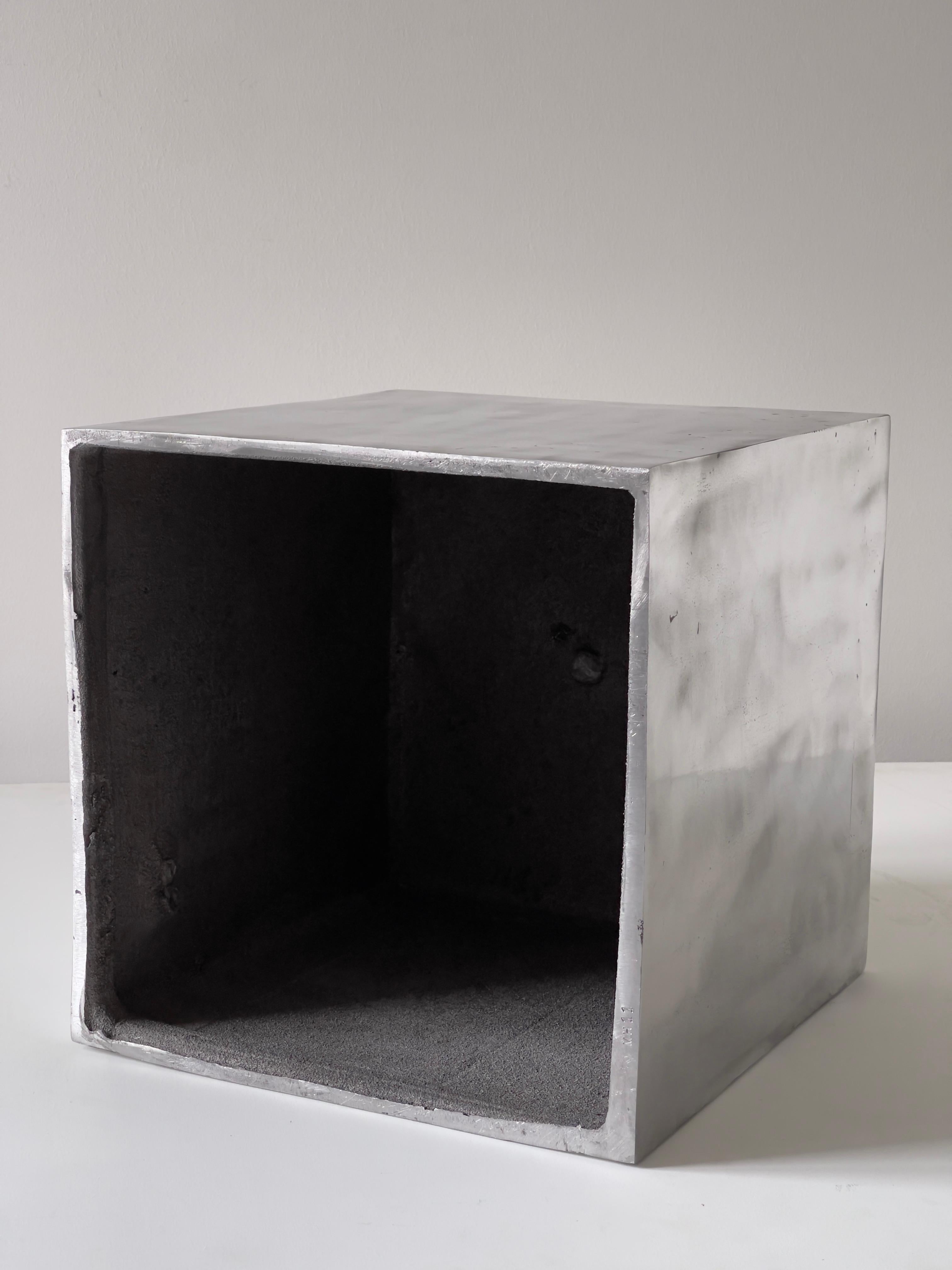 Contemporary sculpture. Cube in hand polished cast aluminium 2011. Edition of 6. For Sale 8