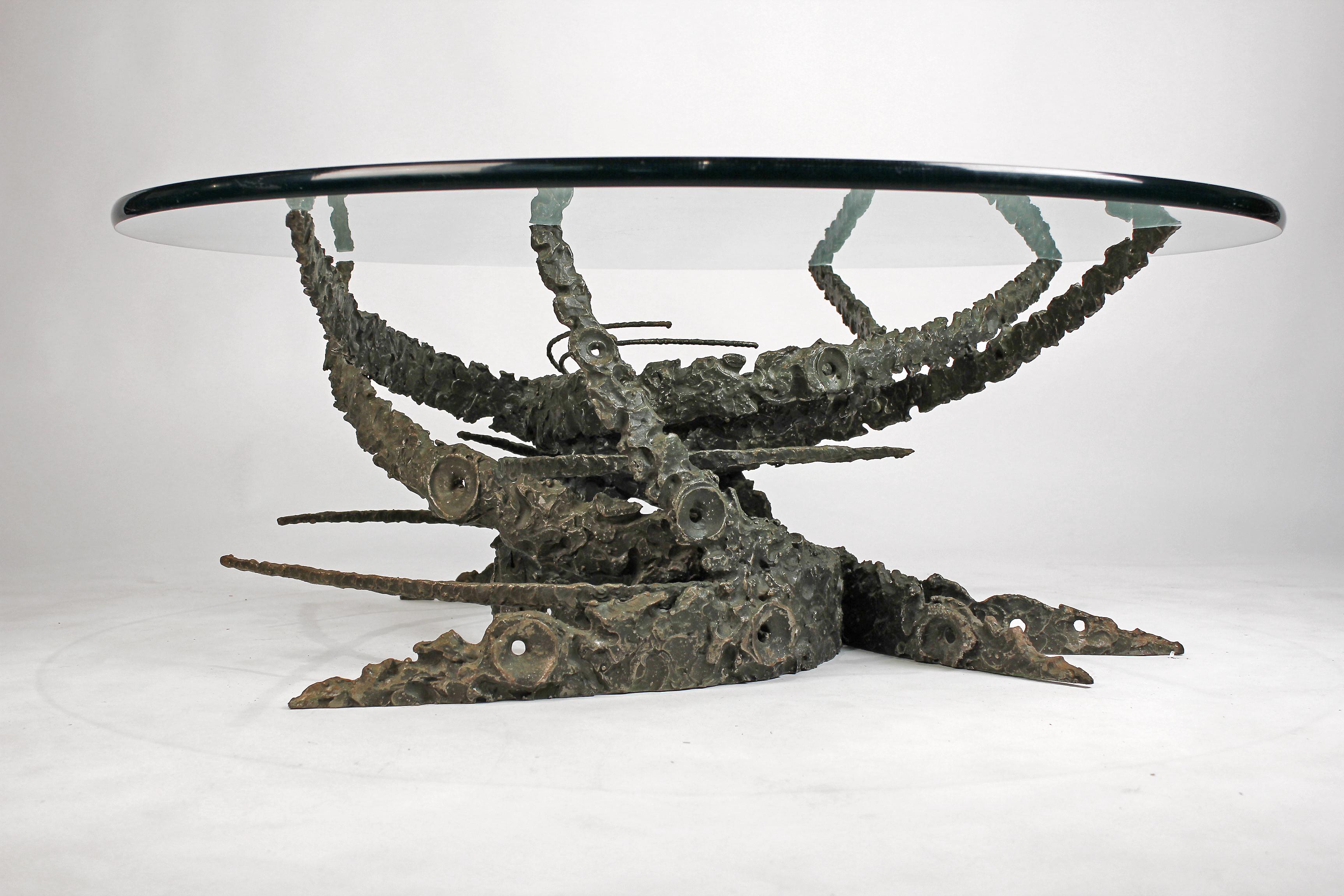 Brutalist Cast and Welded Sculptural Bronze Round 'Swirl' Coffee Table by Daniel Gluck For Sale