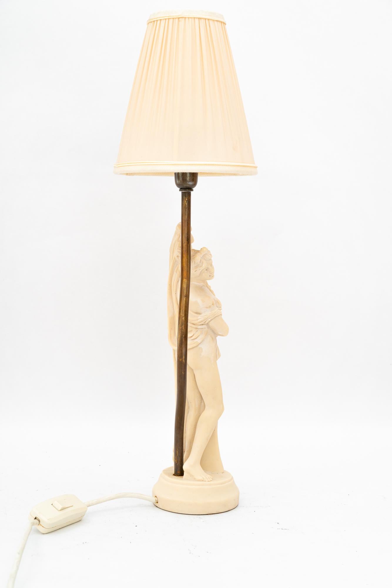 Austrian cast artificial marble table lamp with fabric shade vienna around 1960s For Sale