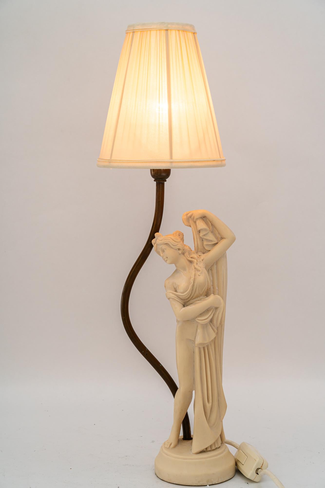 Mid-20th Century cast artificial marble table lamp with fabric shade vienna around 1960s For Sale