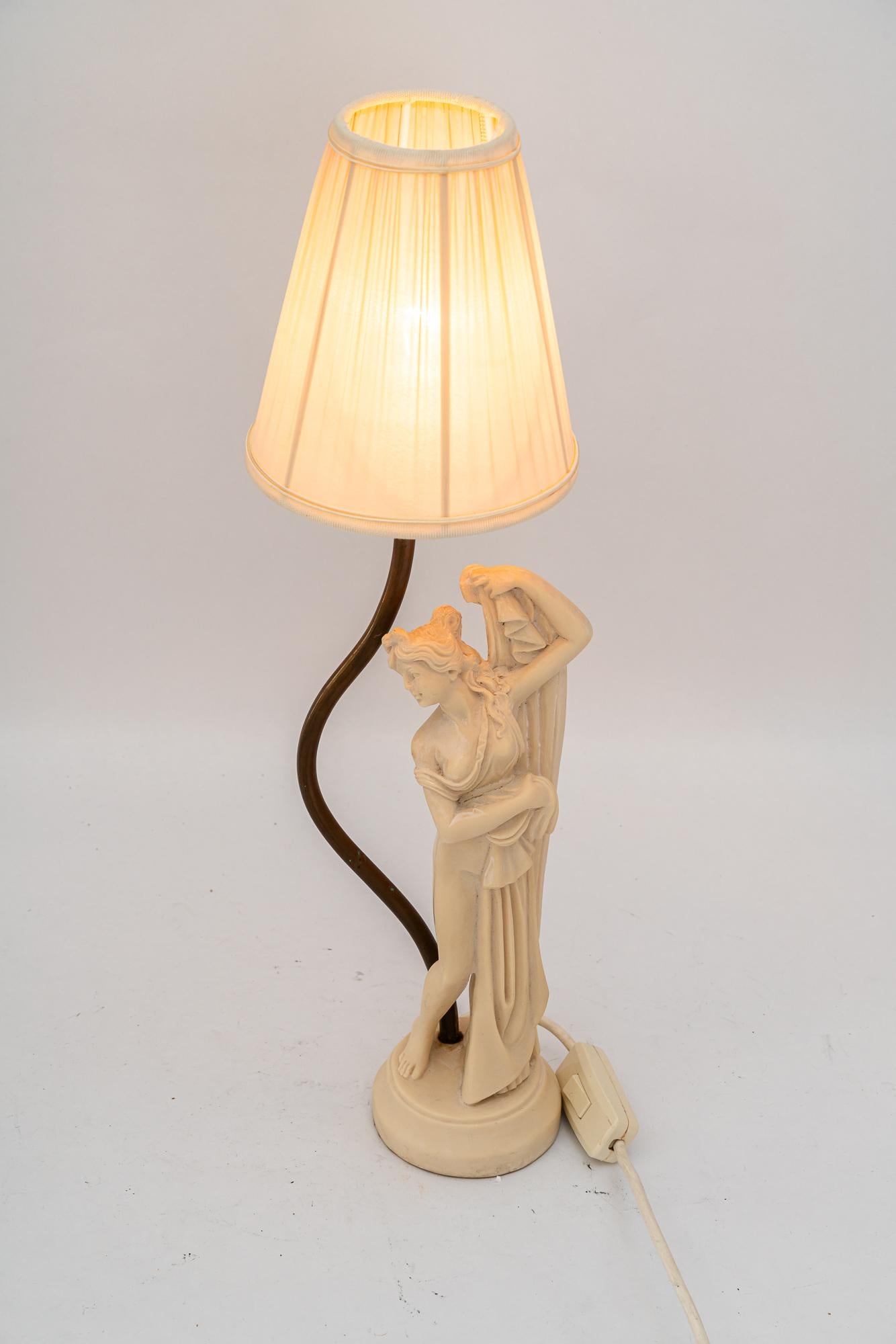 Brass cast artificial marble table lamp with fabric shade vienna around 1960s For Sale