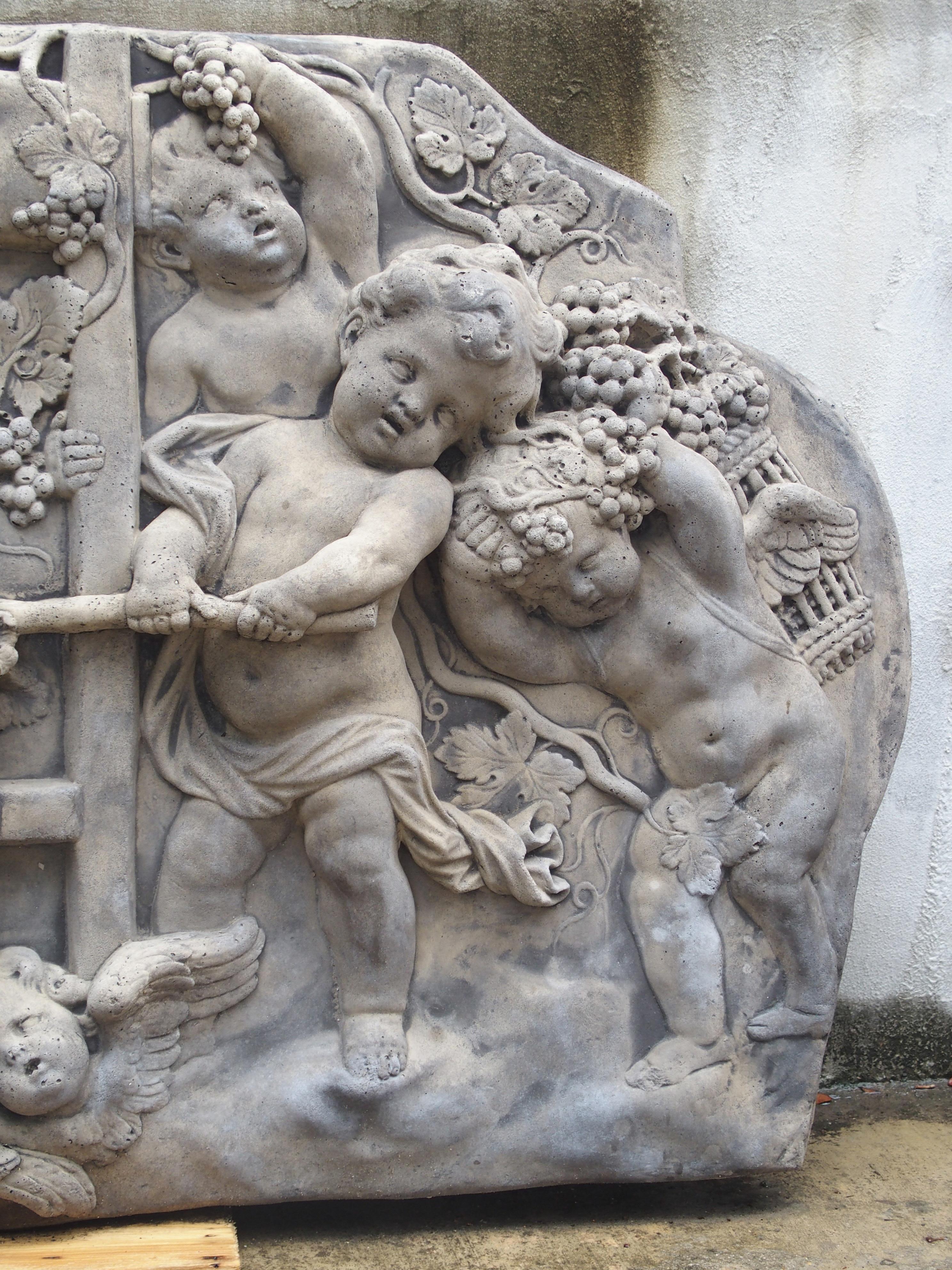 Cast Bas Relief Architectural Depicting Cherubs Making Wine, France In Good Condition In Dallas, TX