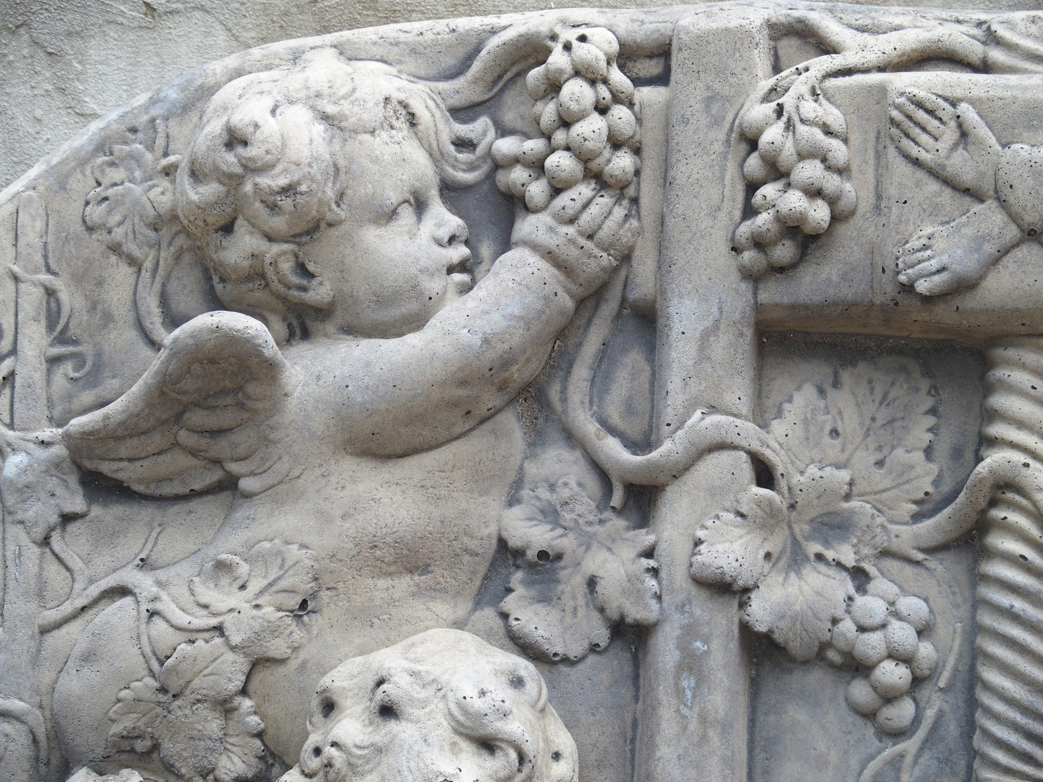 Cast Stone Cast Bas Relief Architectural Depicting Cherubs Making Wine, France