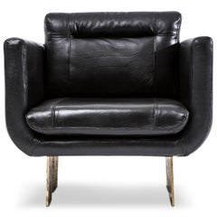 Brutalist Black Leather & Cast Solid Brass Lounge Chair by Egg Designs