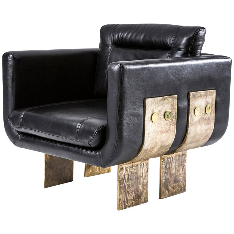 Cast Brass and Leather Primal Lounge Chair by Egg Designs For Sale