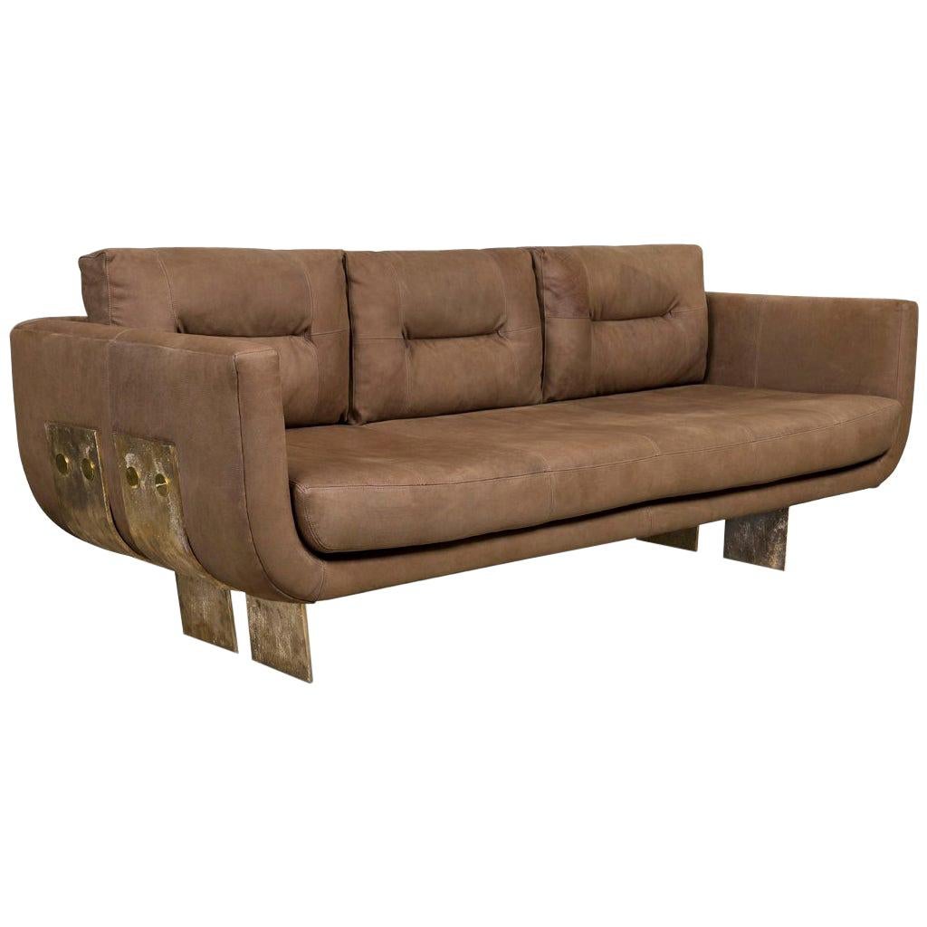 Cast Brass and Leather Primal Sofa by Egg Designs For Sale