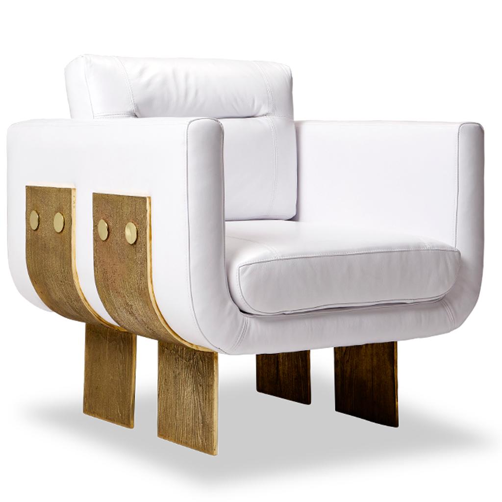Modern Cast Brass and White Leather Brutalist Primal Lounge Chair by Egg Designs For Sale