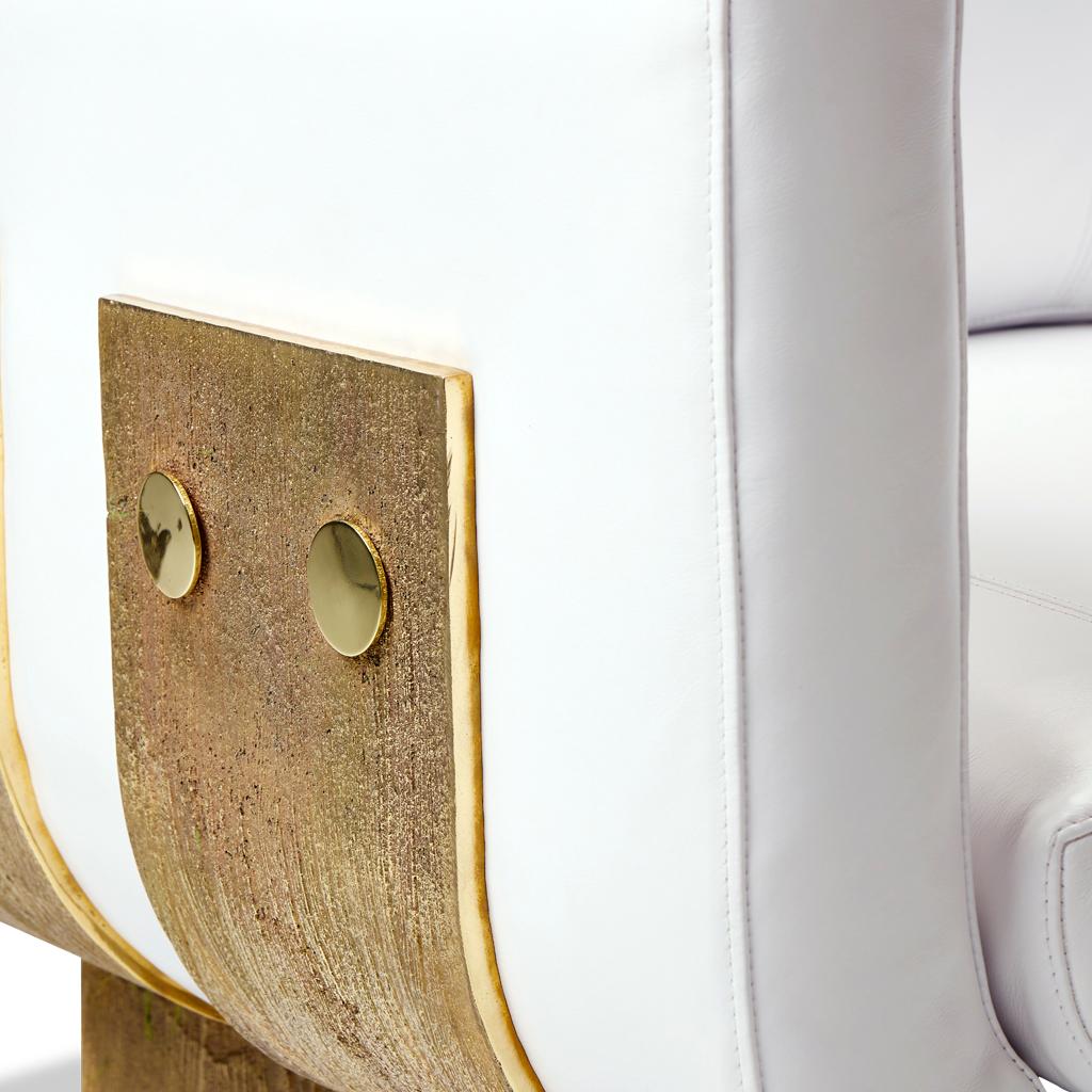 Cast Brass and White Leather Brutalist Primal Lounge Chair by Egg Designs In New Condition For Sale In Bothas Hill, KZN